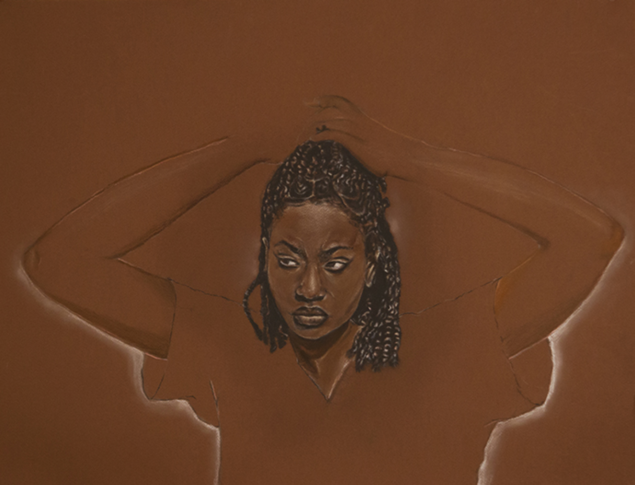 Painting of a woman from the waist up, on brown, holding her hair back