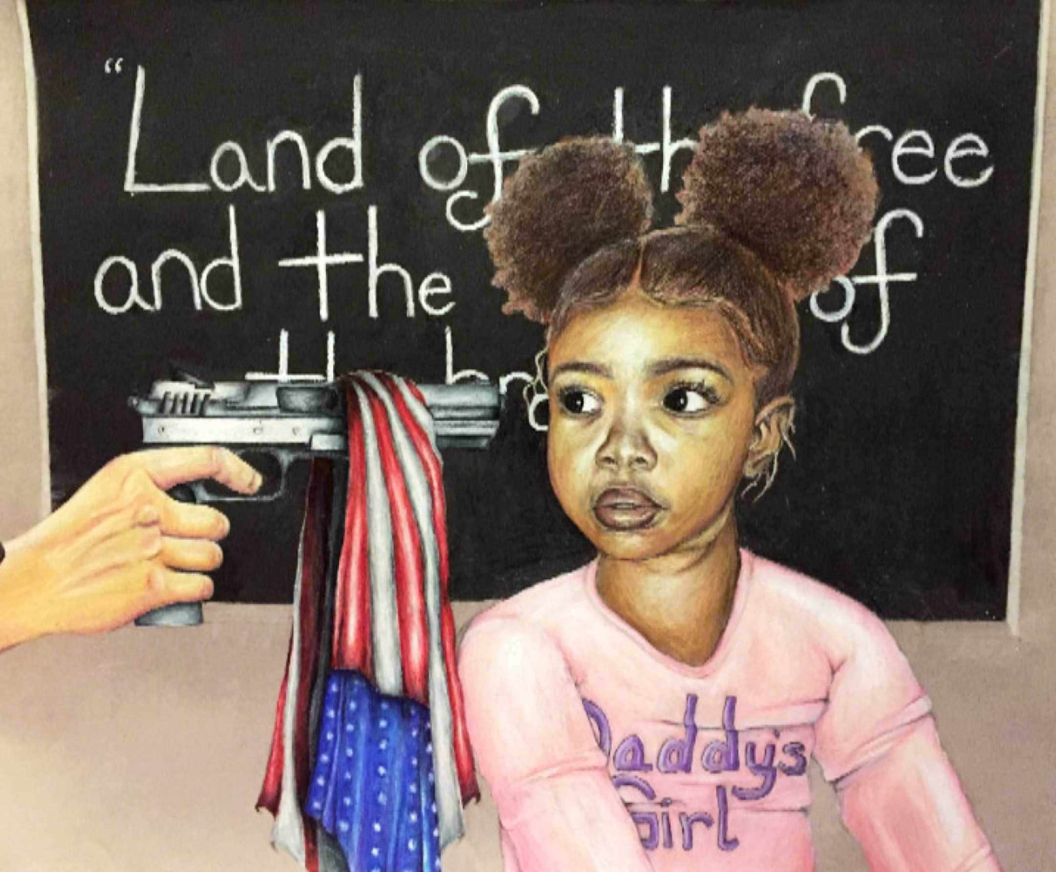 Illustration showing a young black girl in a pink shirt, looking at a figure off-frame who is pointing a gun at her head as a flag hangs from the barrel and the words "land of the free and home of the brave" are written on a chalkboard behind her