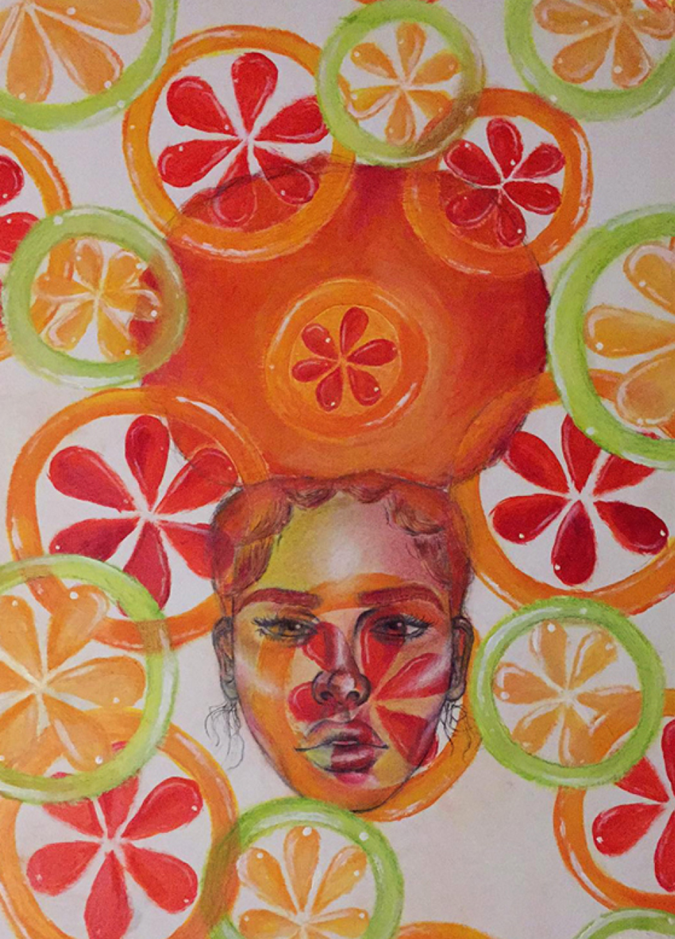 Painting of a young woman on a white background overlaid with multi-colored circles with shapes inside that make them look like slices of orange or lemon