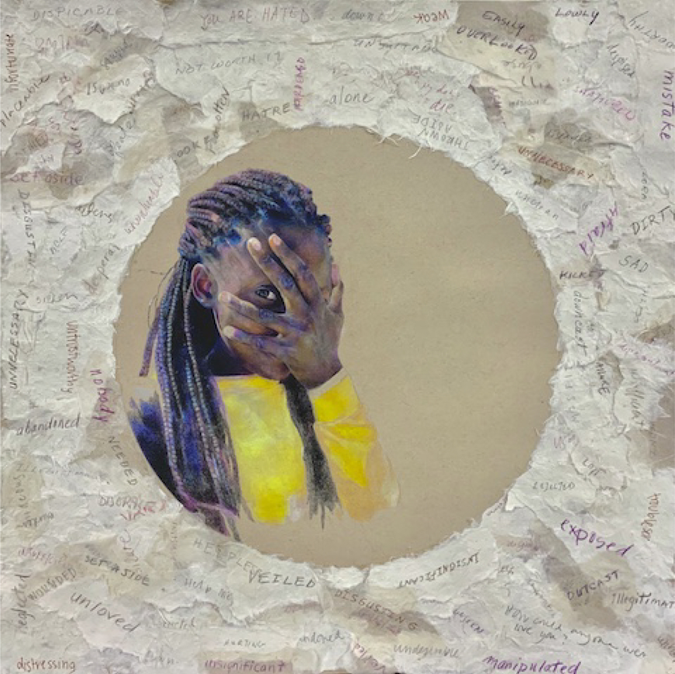 Illustration of a young black woman holding one hand to her face, seen through a circle 