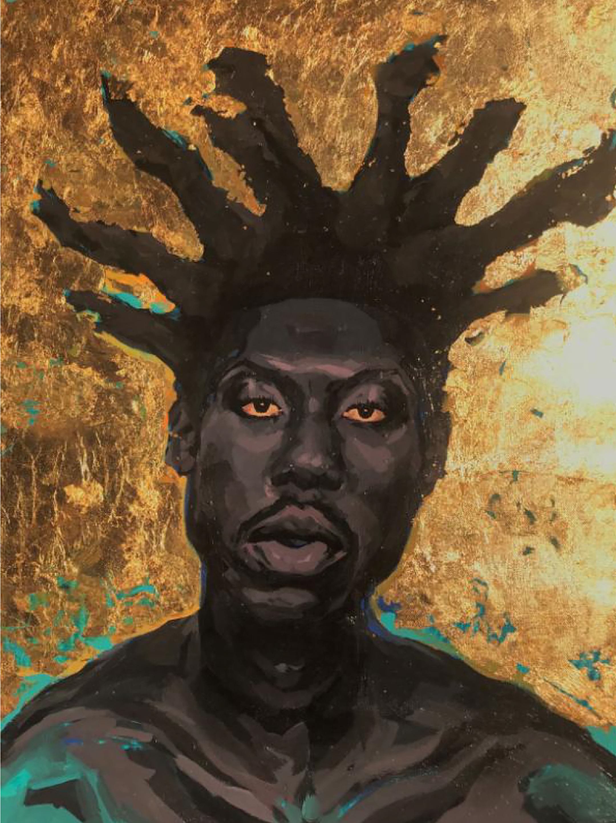 Illustration of a black man with hair sculpted into 8 points, like a crown, against a gold background