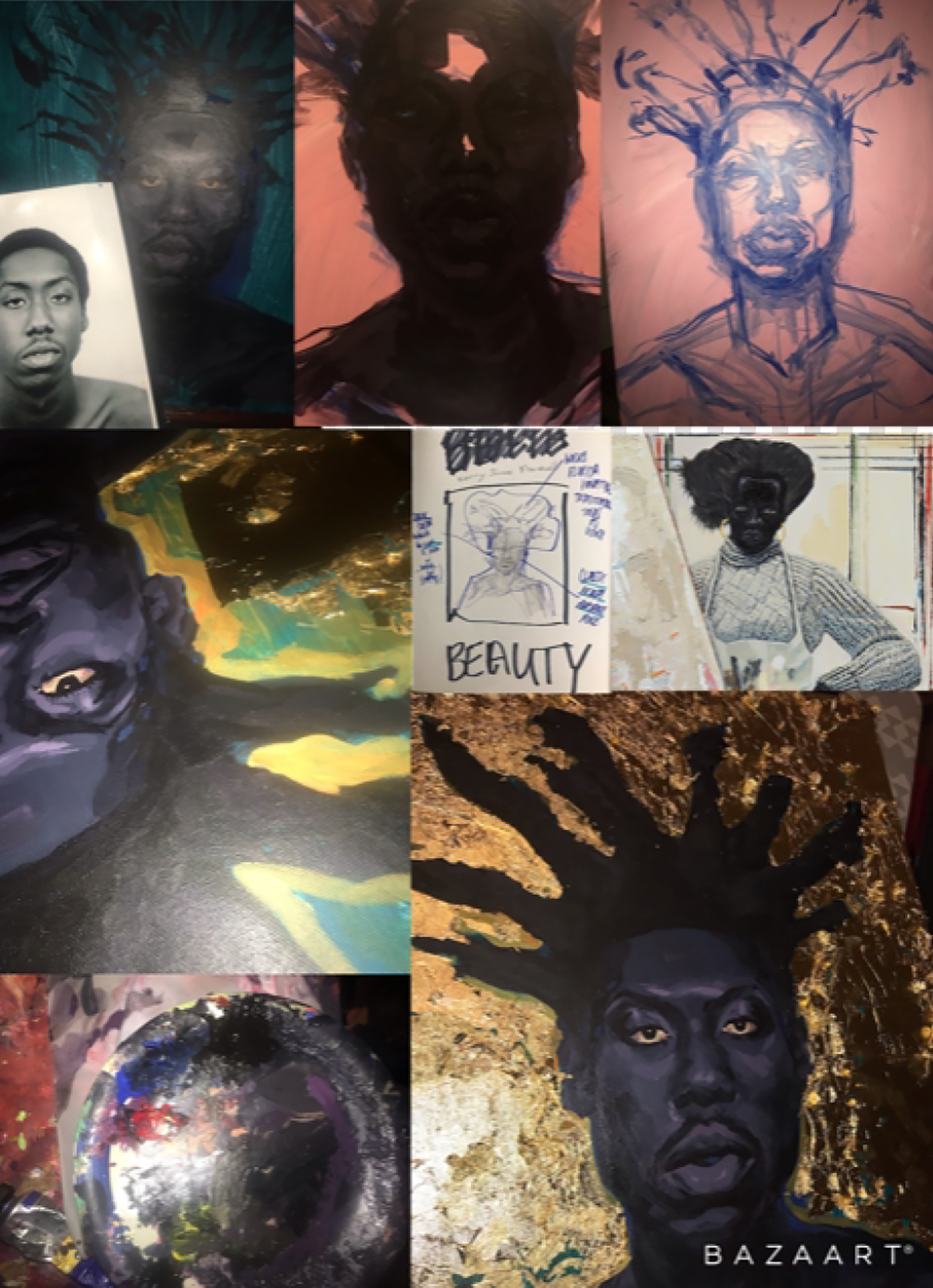 Collage of images and in-process art that documents how the artist created the illustration of the young black man with pointed hair