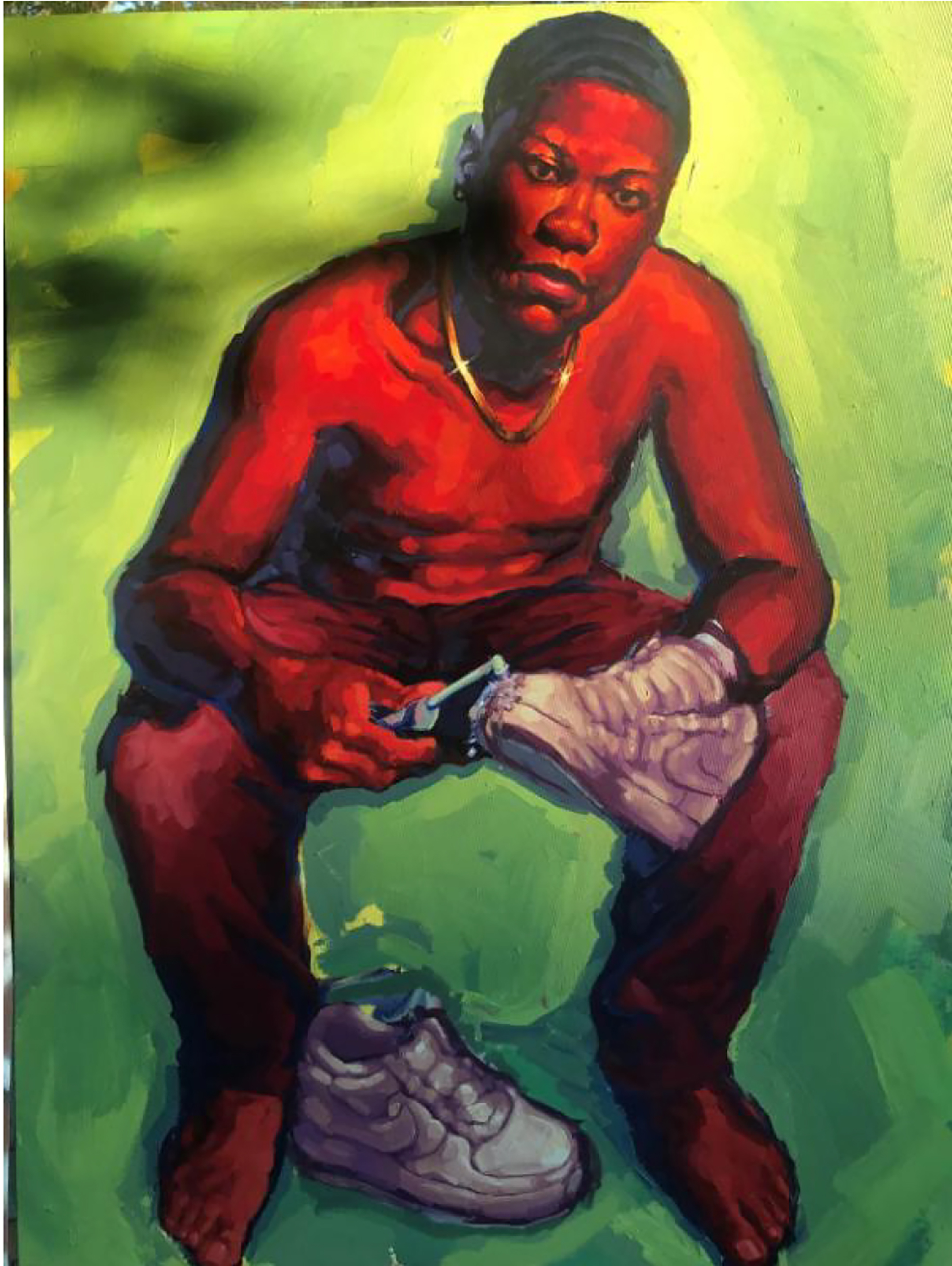Painting of a young black man, seated and leaning forward, against a green background