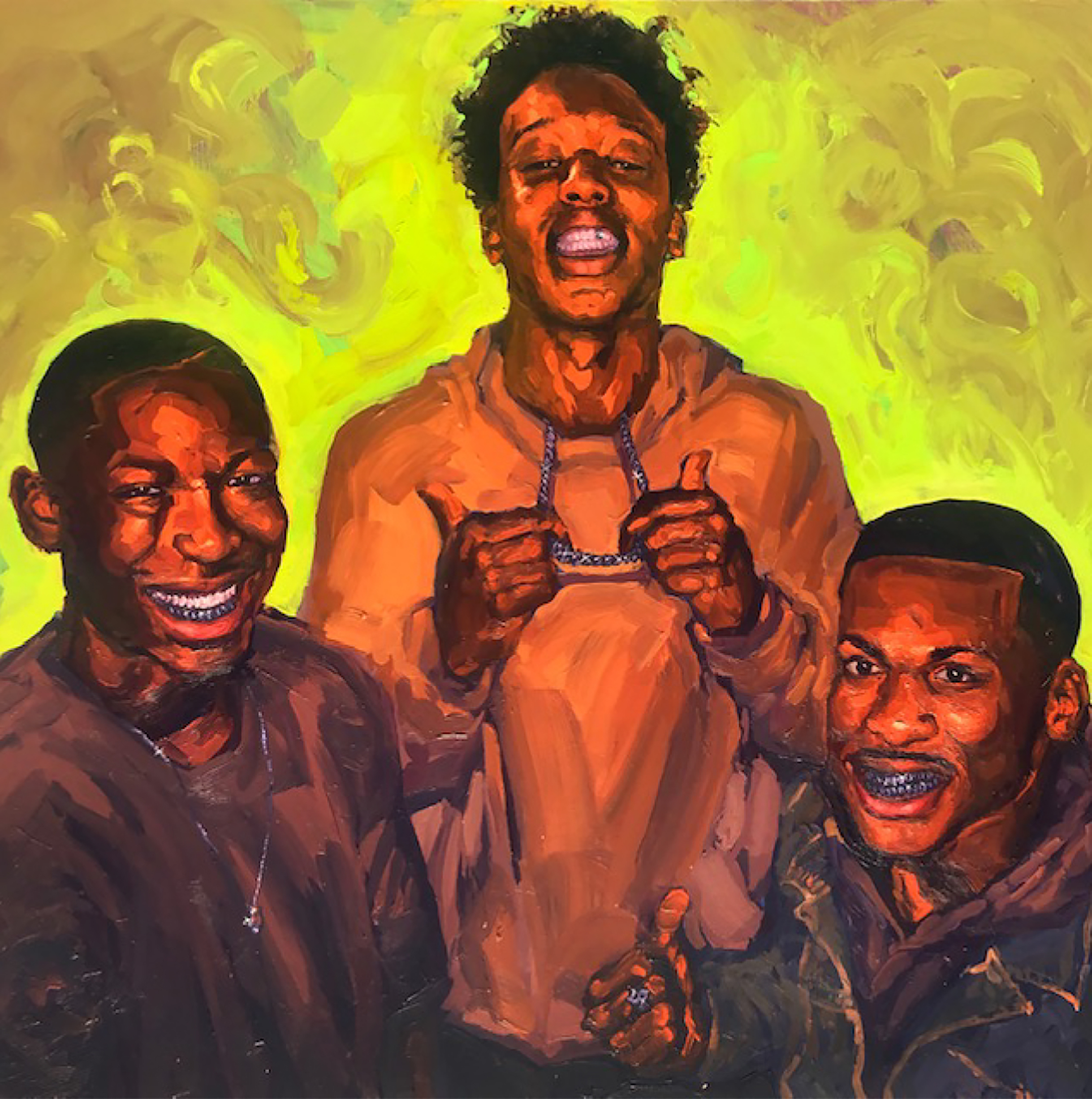 Painting of three young black men, the one in the middle slightly taller than the others, against a lime green background