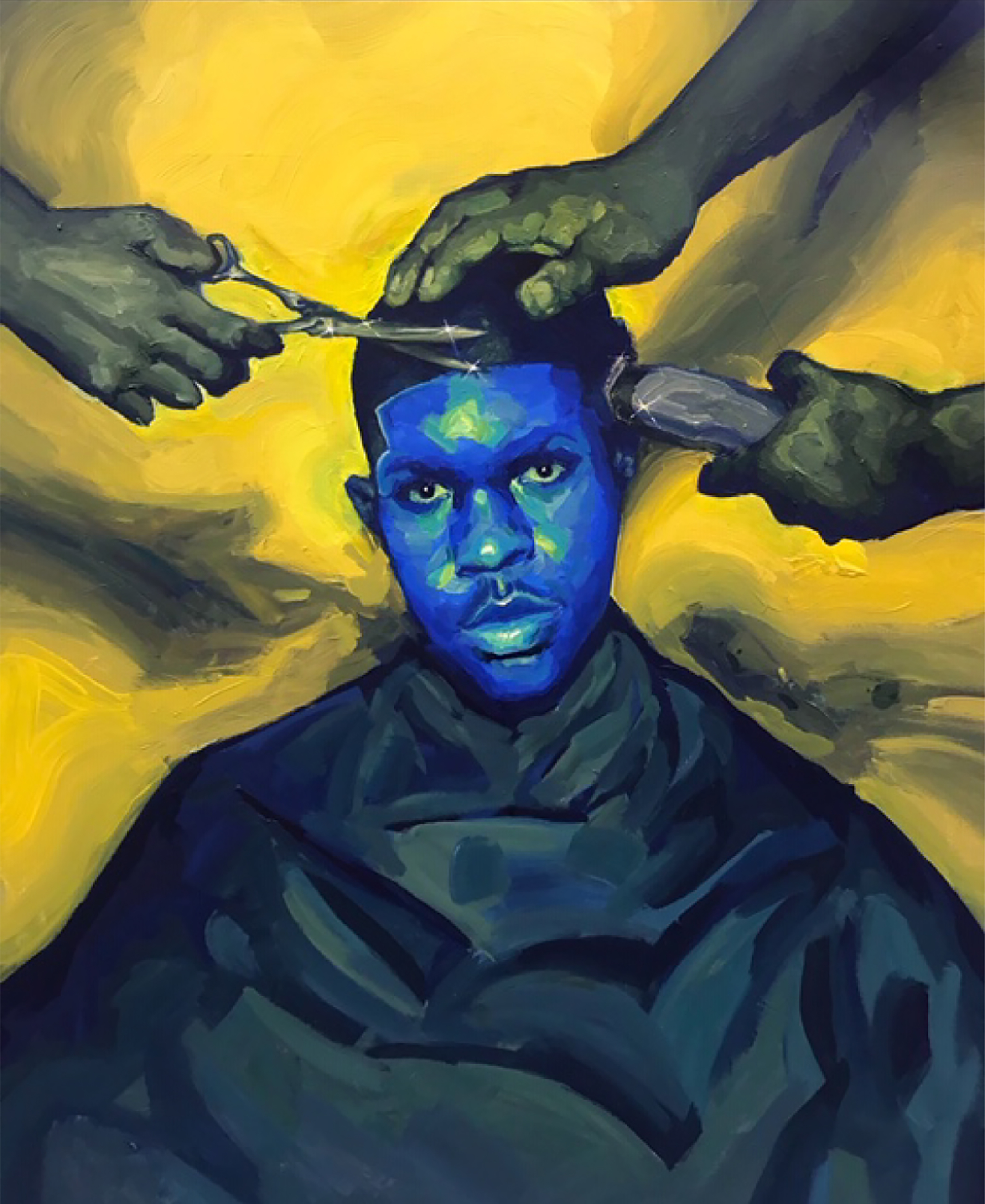 Painting of a young black man with a blue face, getting his hair cut by three hands, all against a yellow background