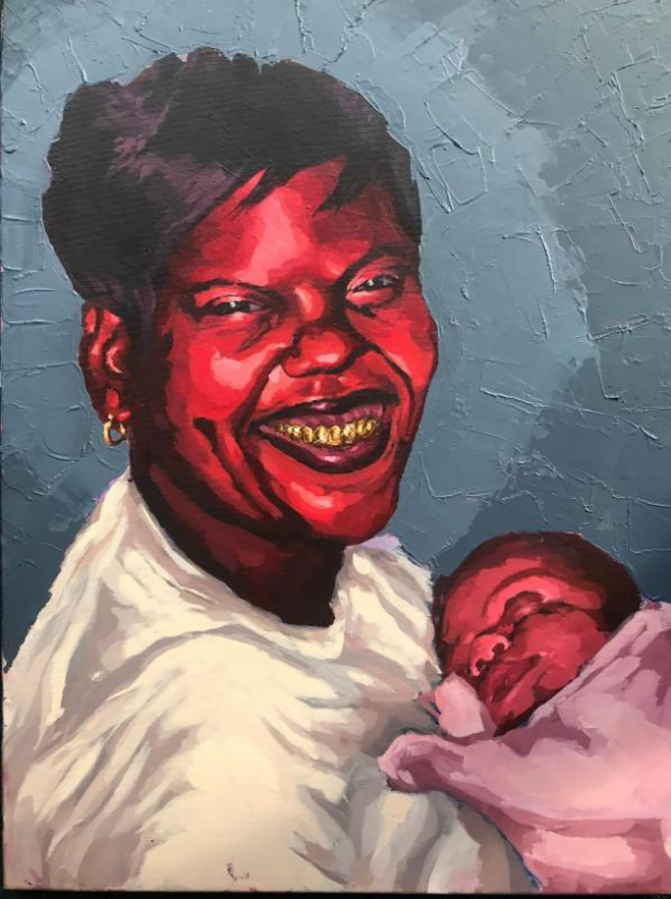 Painting of a smiling black woman, seen from the shoulders up, holding a newborn baby