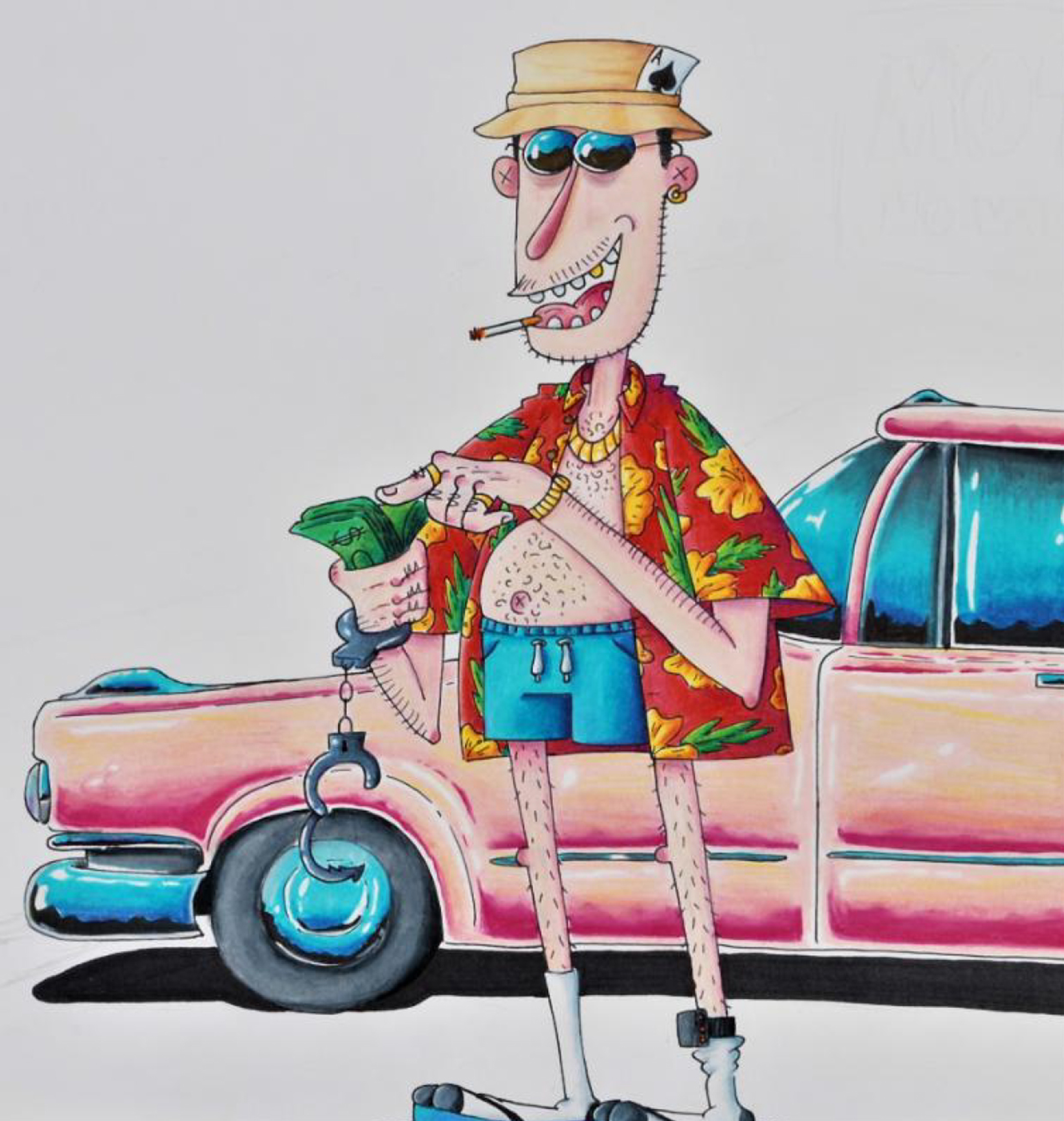 Illustrated representation of author hunter s. Thompson, wearing a floppy hat, sunglasses, open Hawaiian shirt, and shorts, counting money while smiling and standing in front of a convertible 