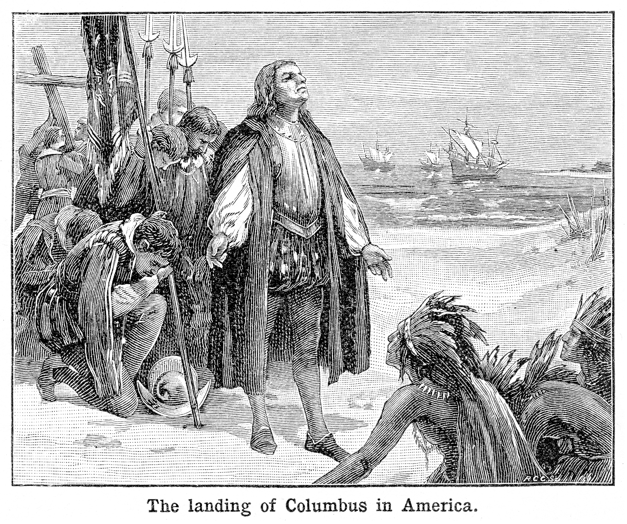 a black and white etching showing native peoples bowing to christopher columbus as he steps off his boat