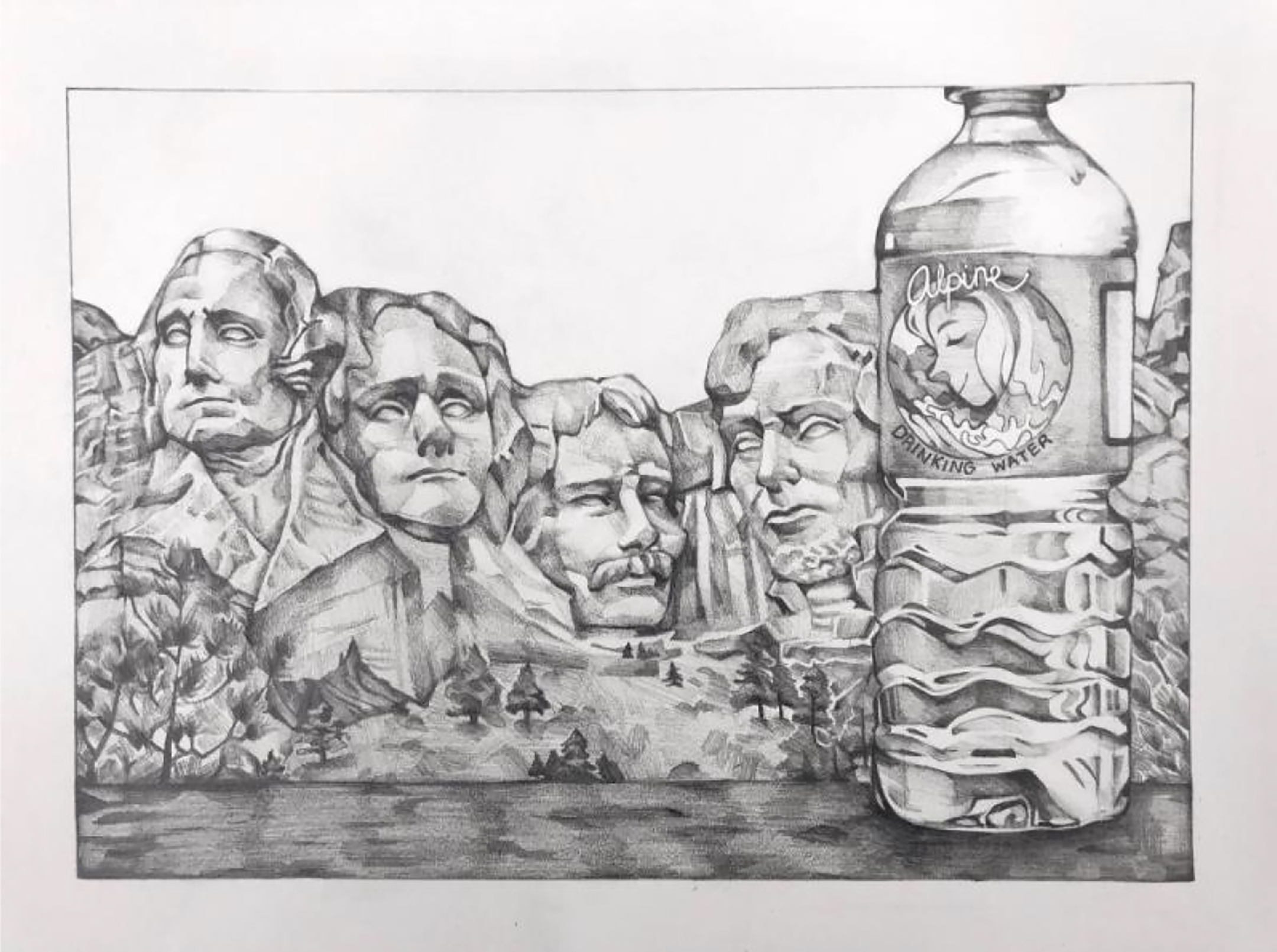 Black and white drawing of Mt. Rushmore with a plastic bottle held up in front of it on the far right side