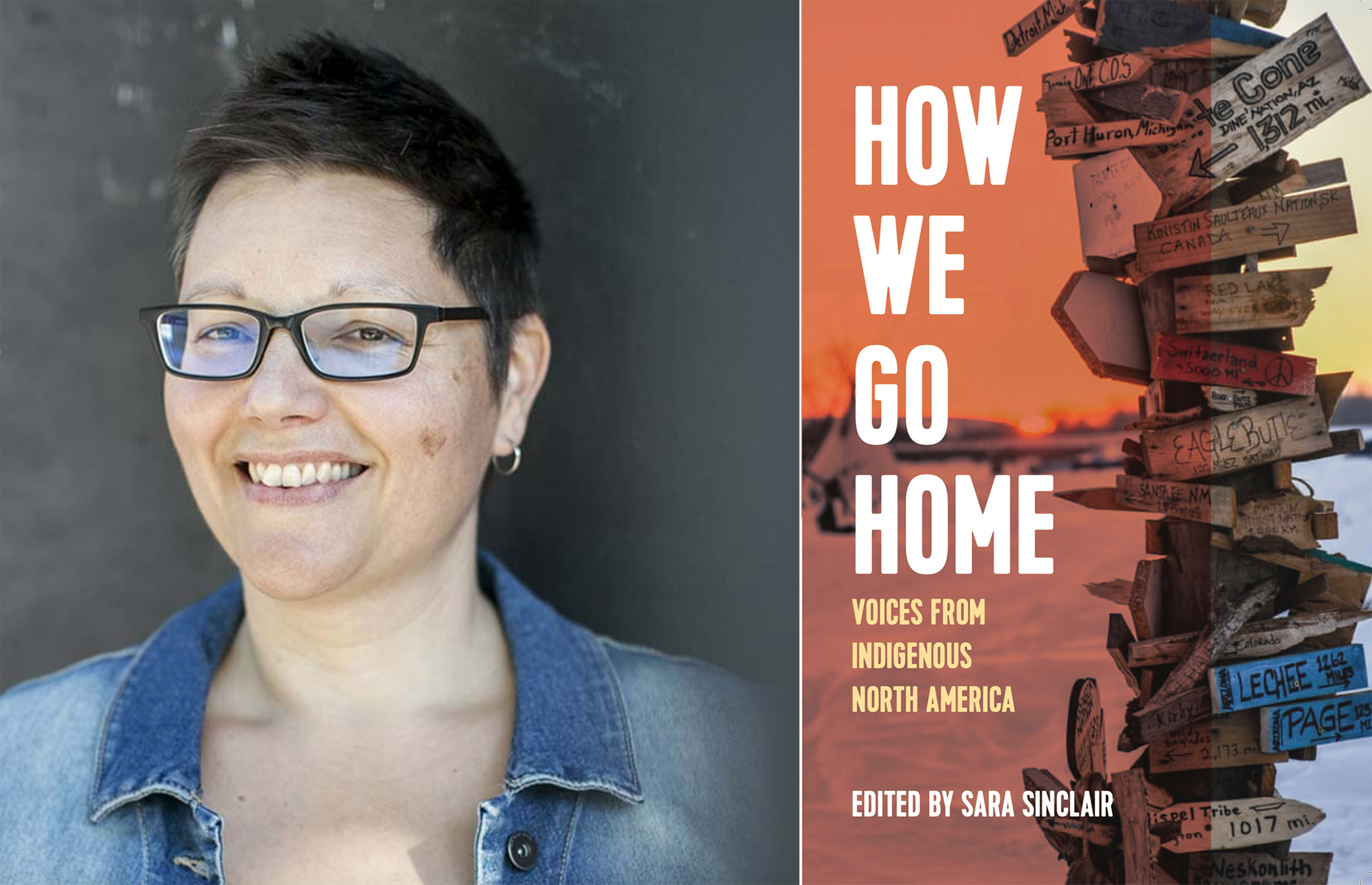 Photograph of author Suzanne Methot on the left and the cover of the book How We Go Home on the right