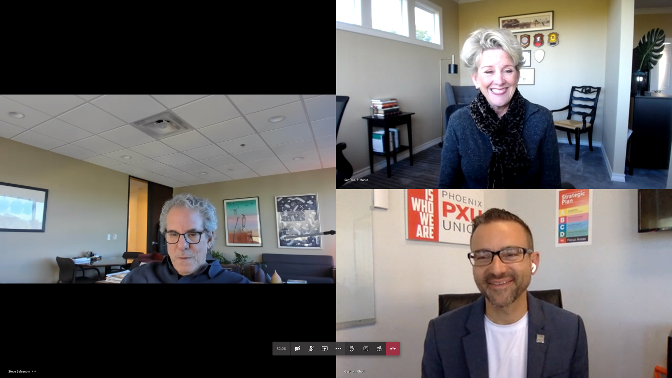 Screenshot of a video conference with Steve Seleznow, Chad Gestson, and Stefanie Sanford with Seleznow in a box on the left, Sanford in a box at top right and Gestson in a box at bottom right