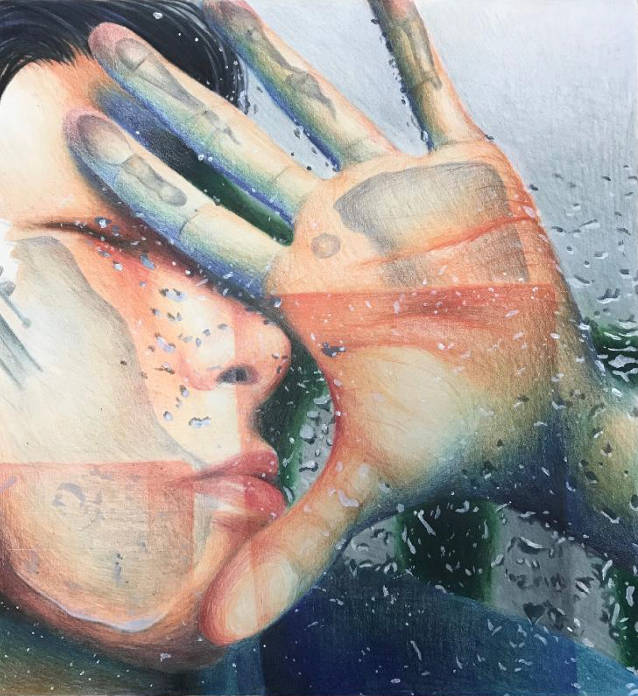 Painting of a young woman's face and hand smooshed against a pane of wet glass