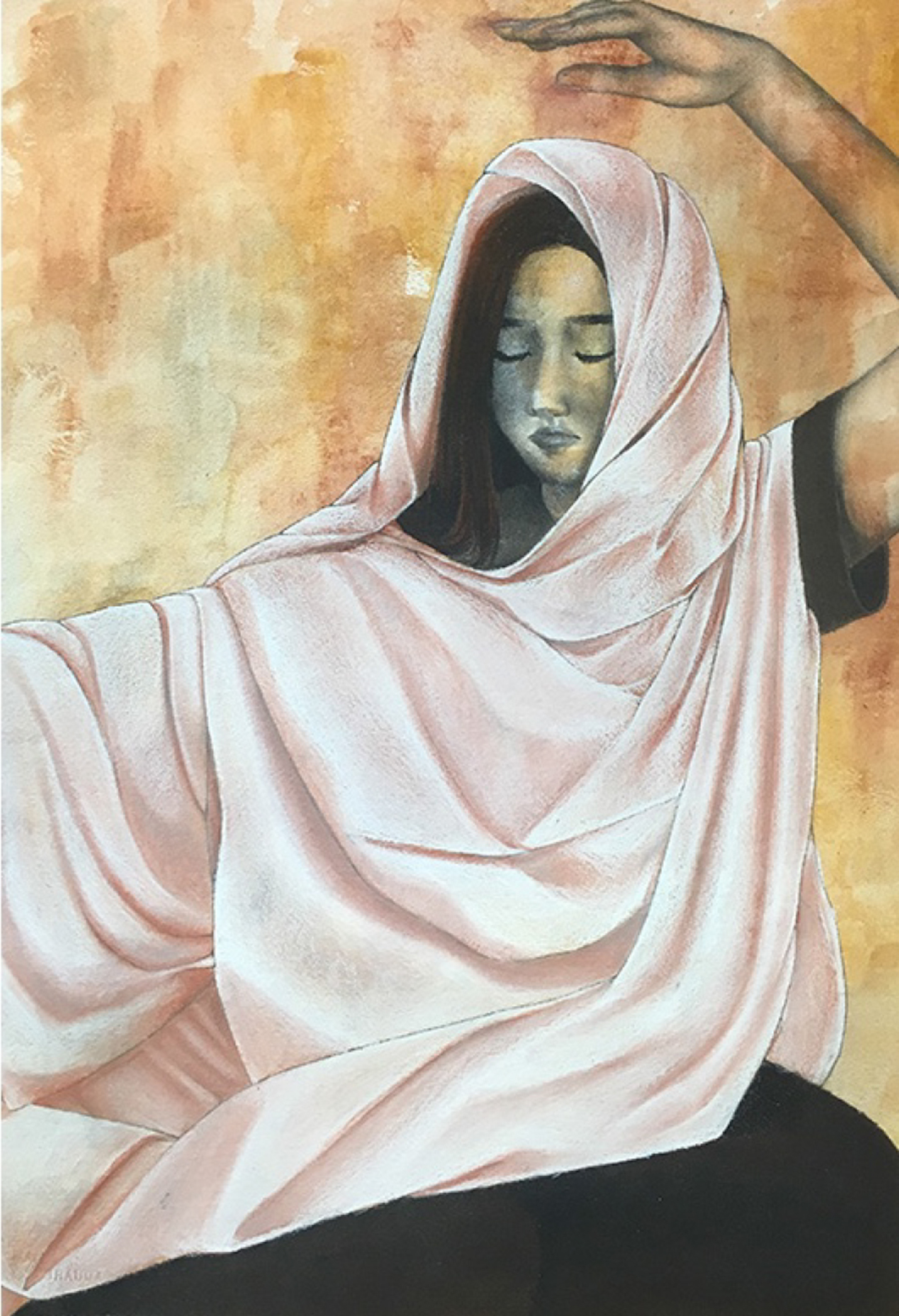 Painting of a young woman from the waist up draped in a white fabric covering everything but her face