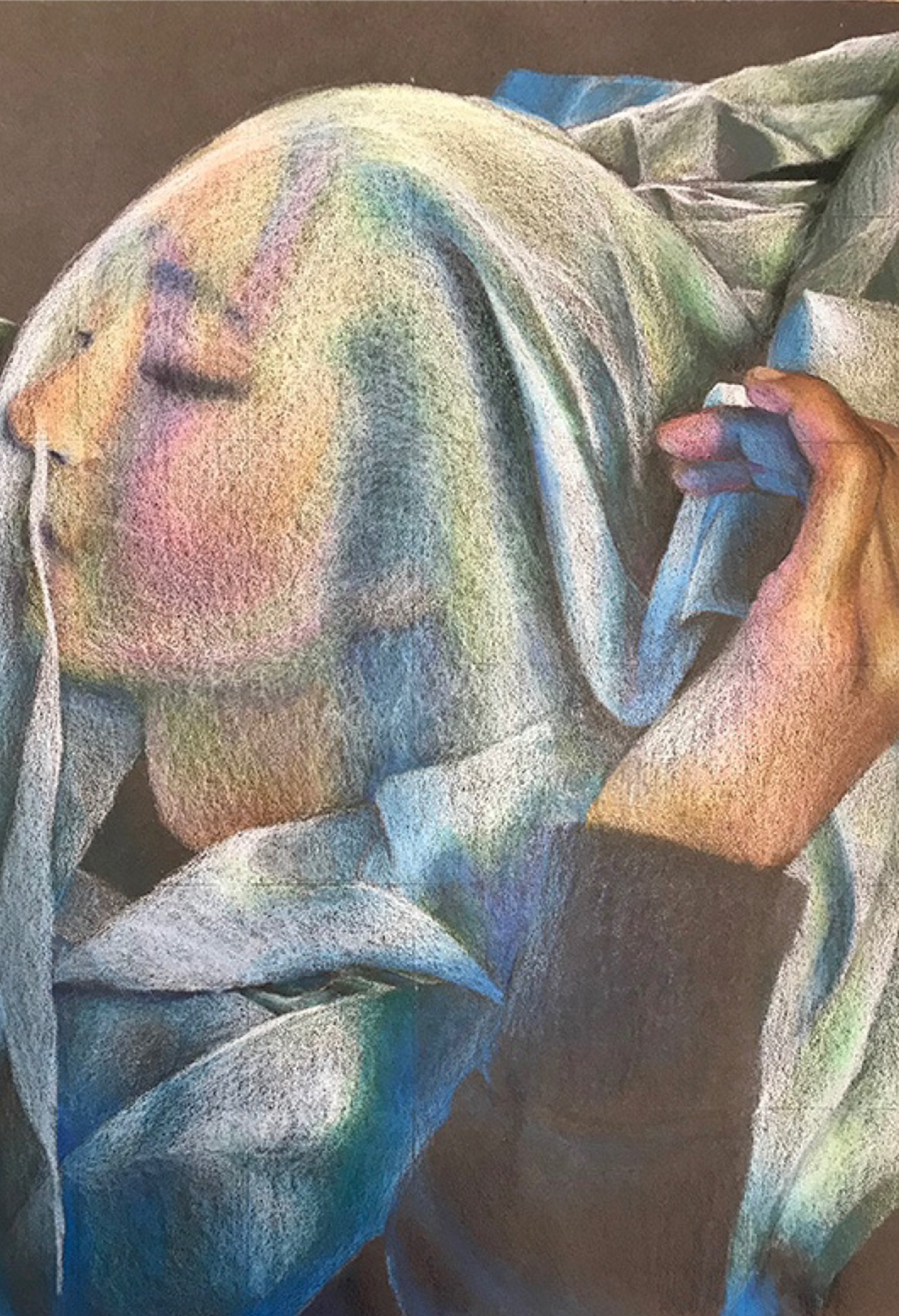 Painting of a young woman, from the shoulders up, with a piece of translucent fabric covering her face