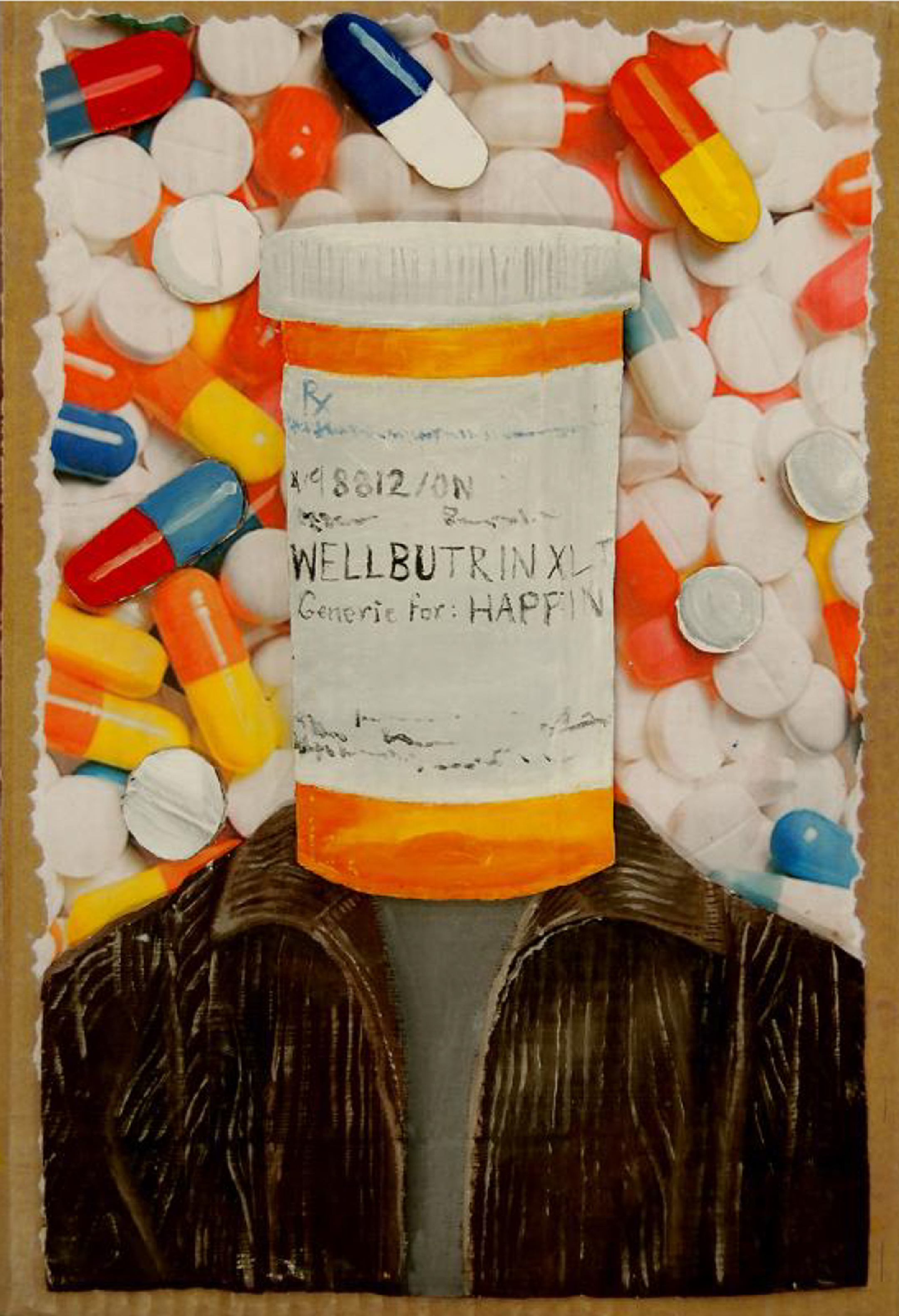 Painting of a person with a giant pill body for a head, against a background of pills