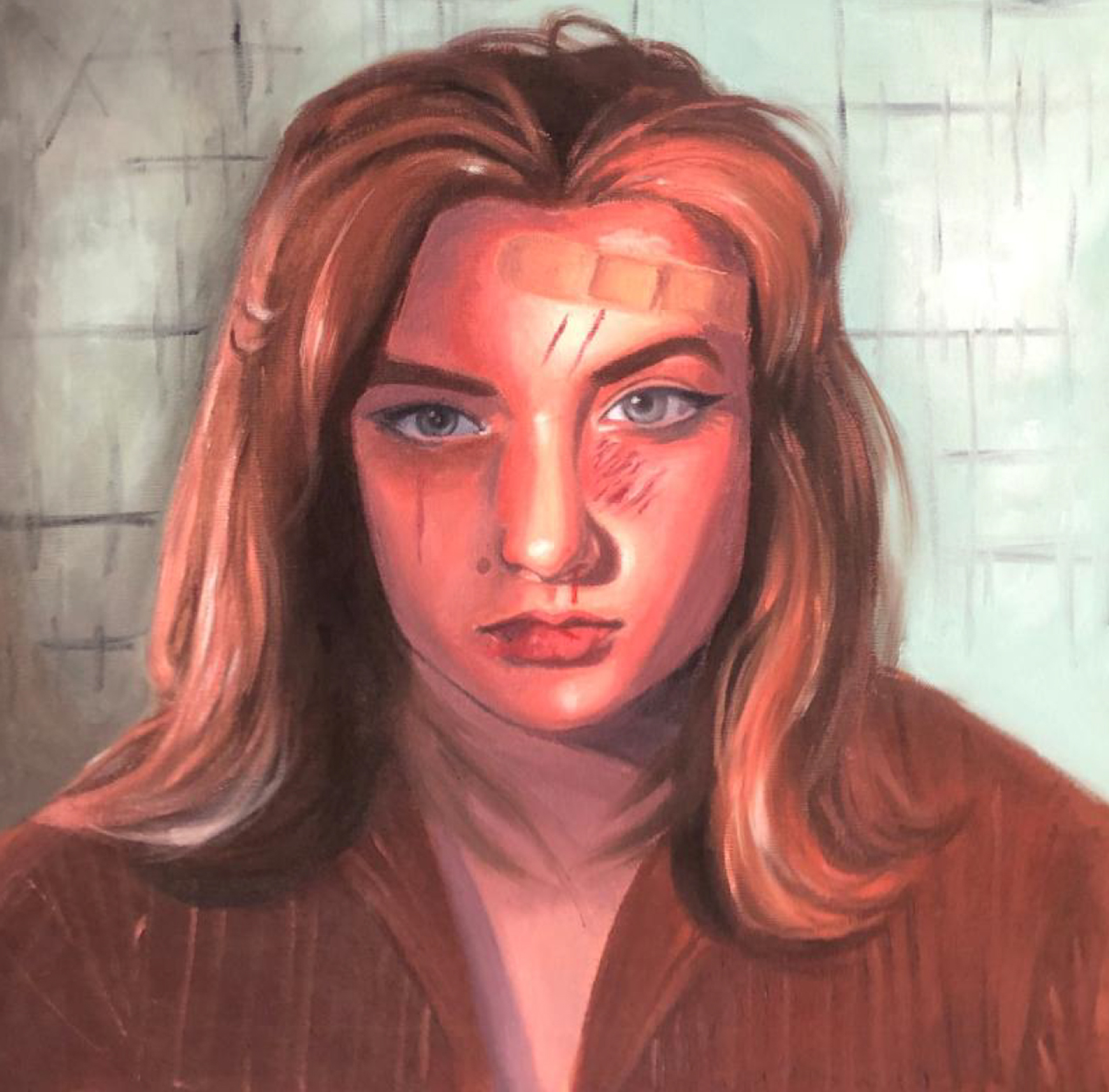 Painted portrait of a young woman with a bruised face