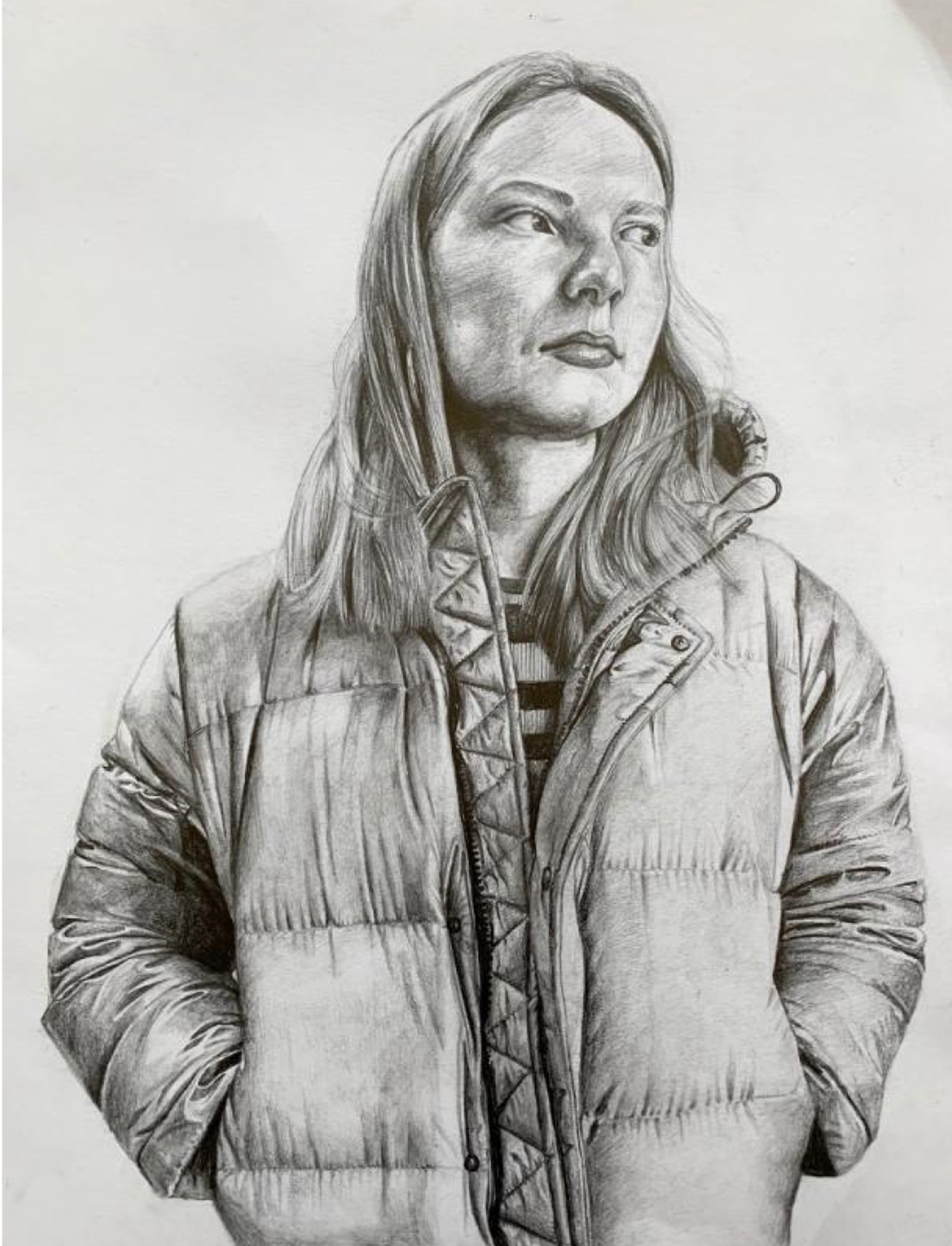 Black and white illustration of a young woman, from the waist up, wearing a puffer coat