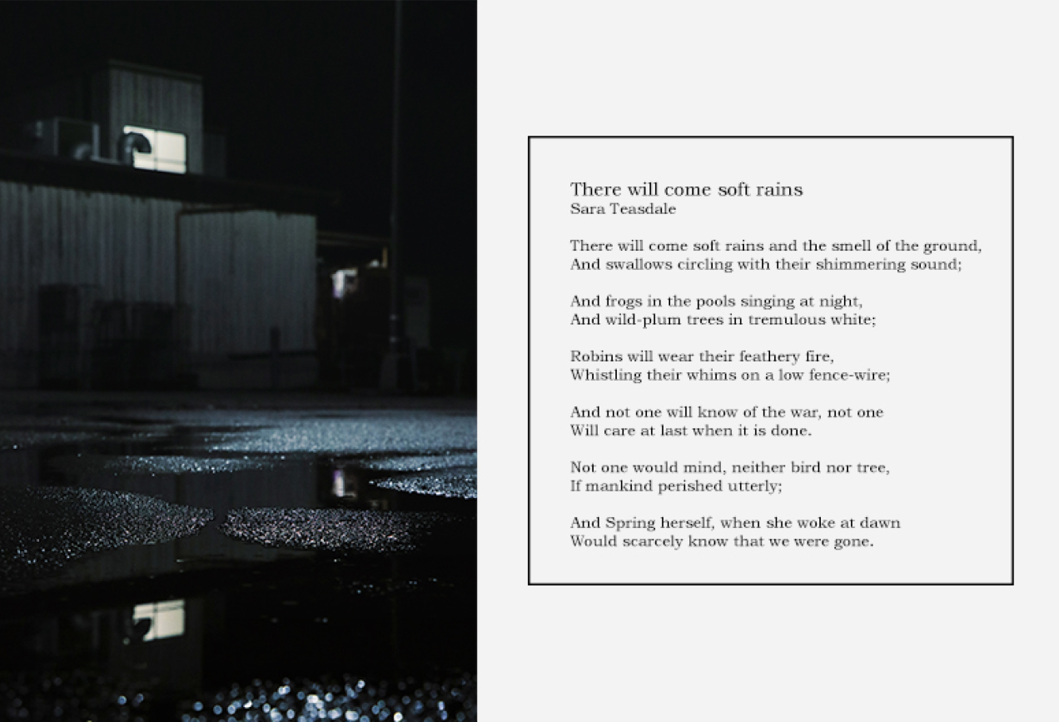 Photograph of a dark, wet street, placed to the left of a written poem