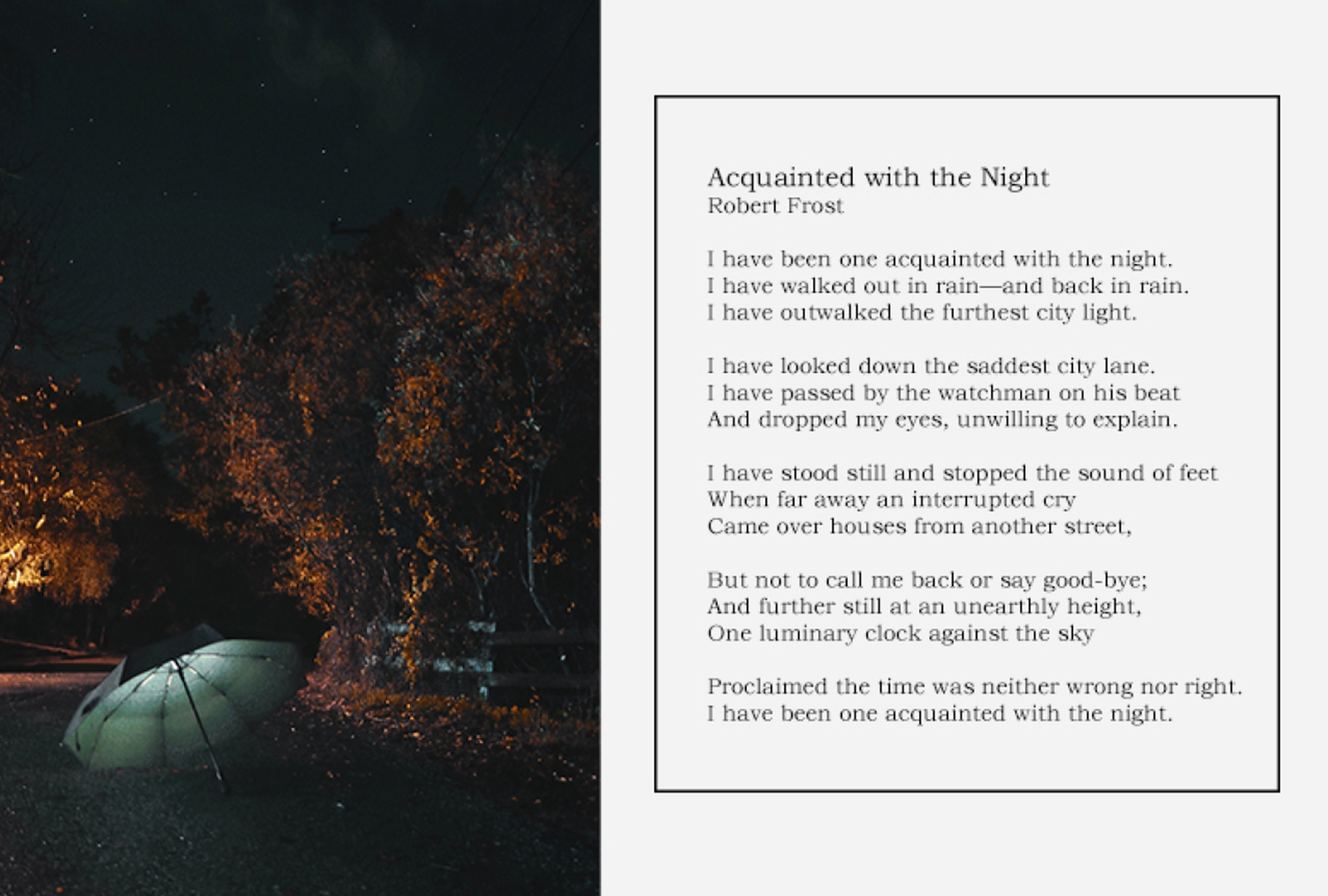 Photograph of a dark, tree-lined street with an open umbrella left on the road, placed to the left of a written poem