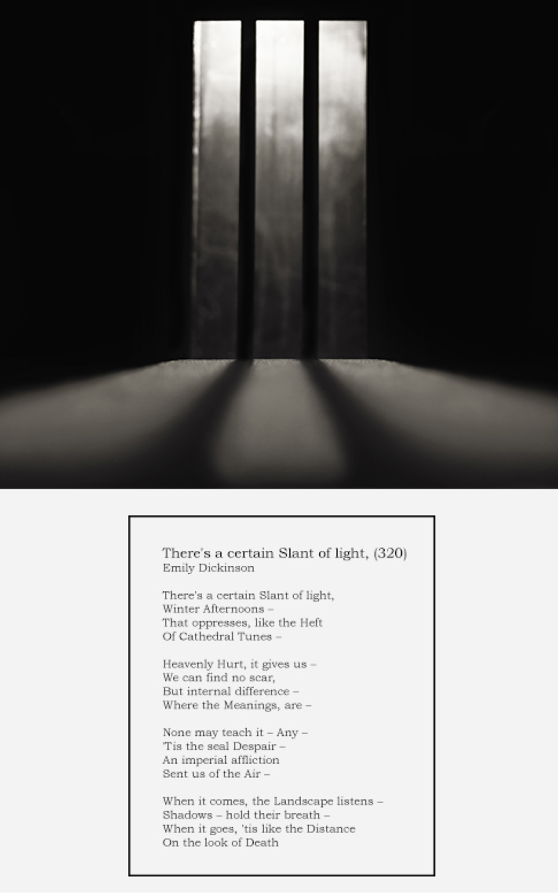 Photograph of a dark room with shafts of light coming through a frosted-glass door, placed above a written poem