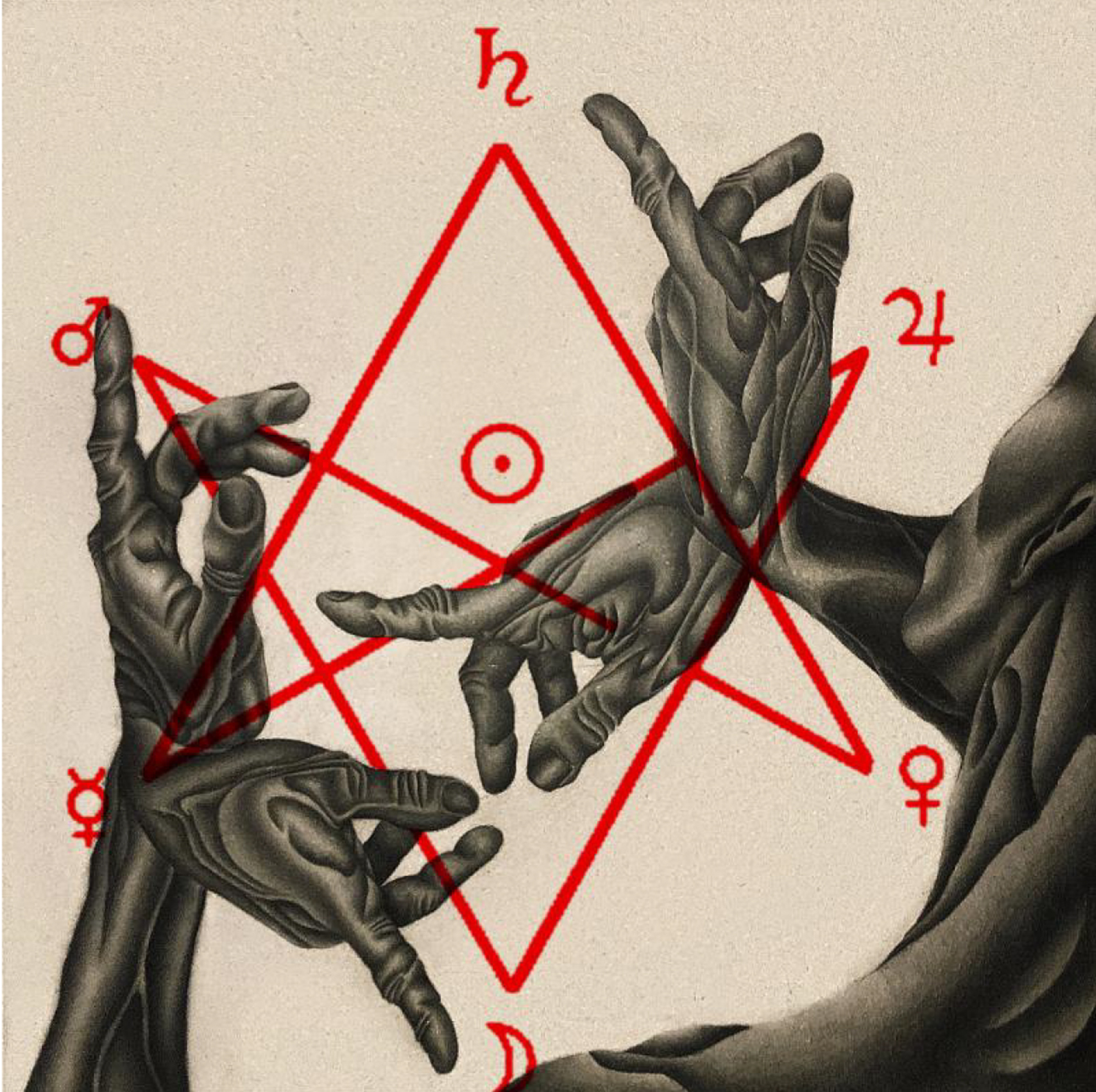 Painting of four hands, intermingled and pointing in different directions, with a red star-like chart with symbols printed over the hands