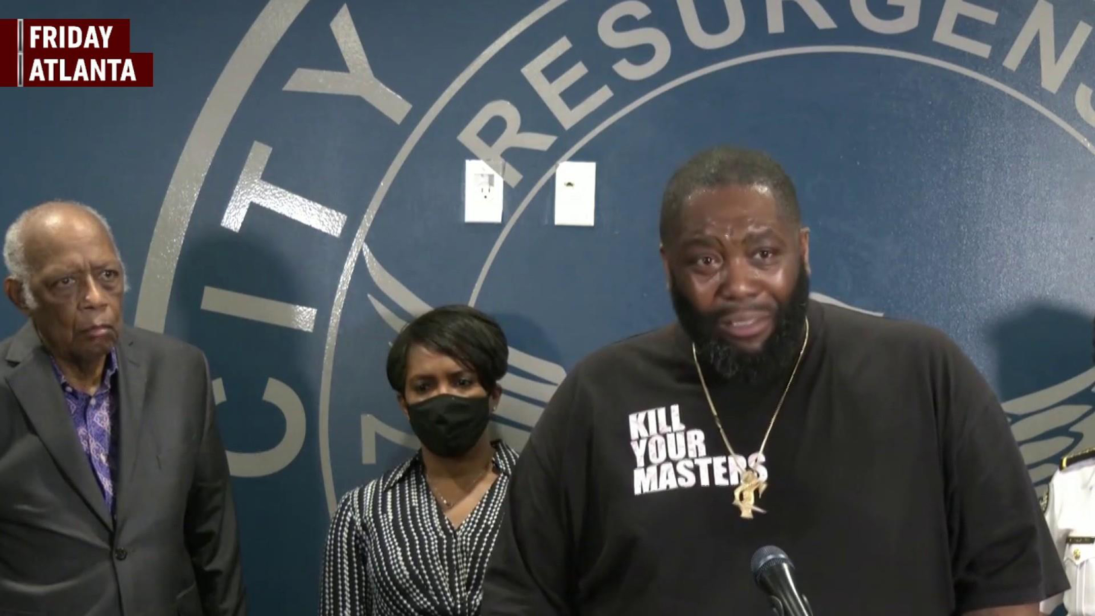 Screenshot of killer mike speaking emotionally during a press conference