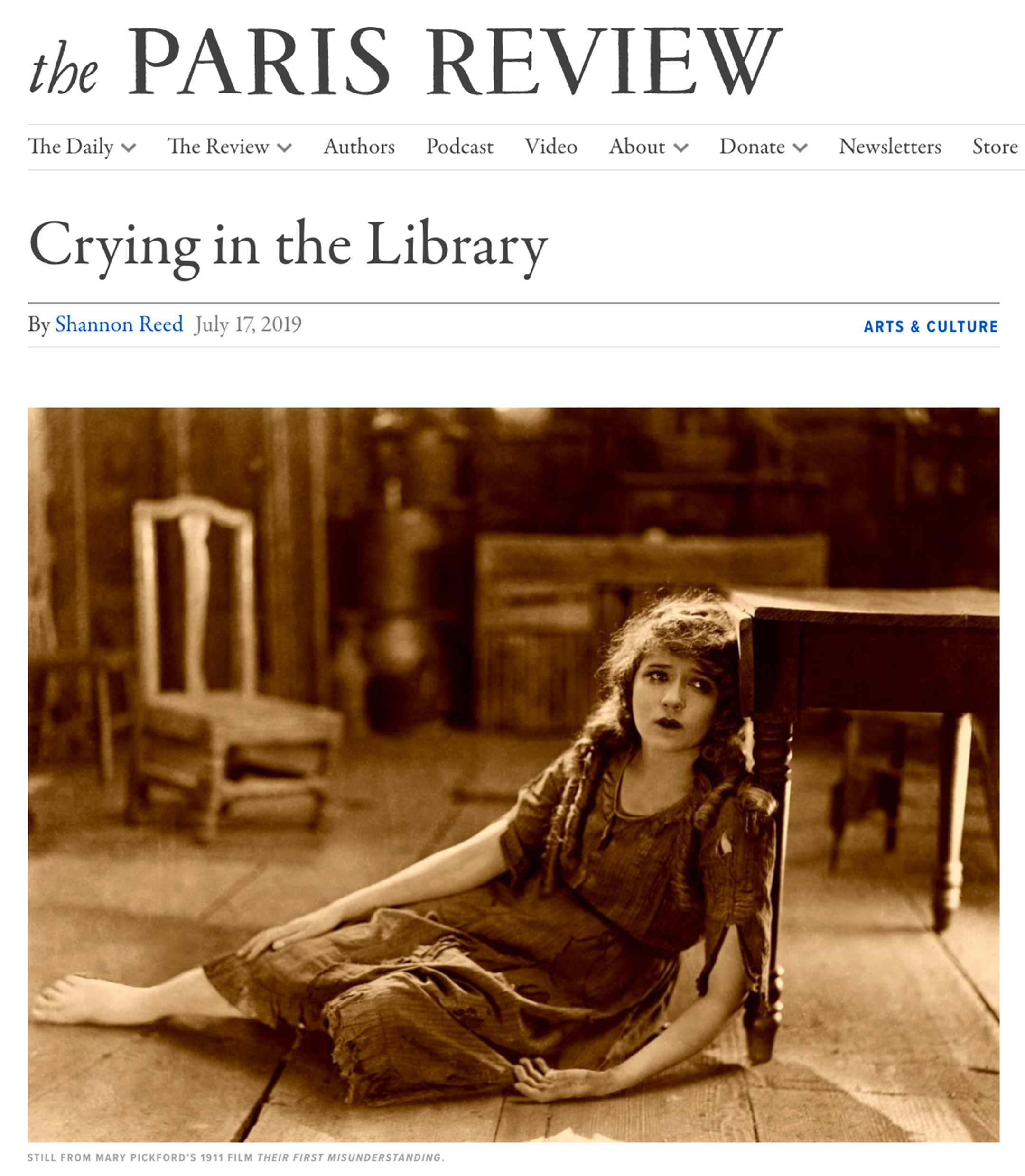 screenshot of the article titled Crying in the Library published on the Paris Review website