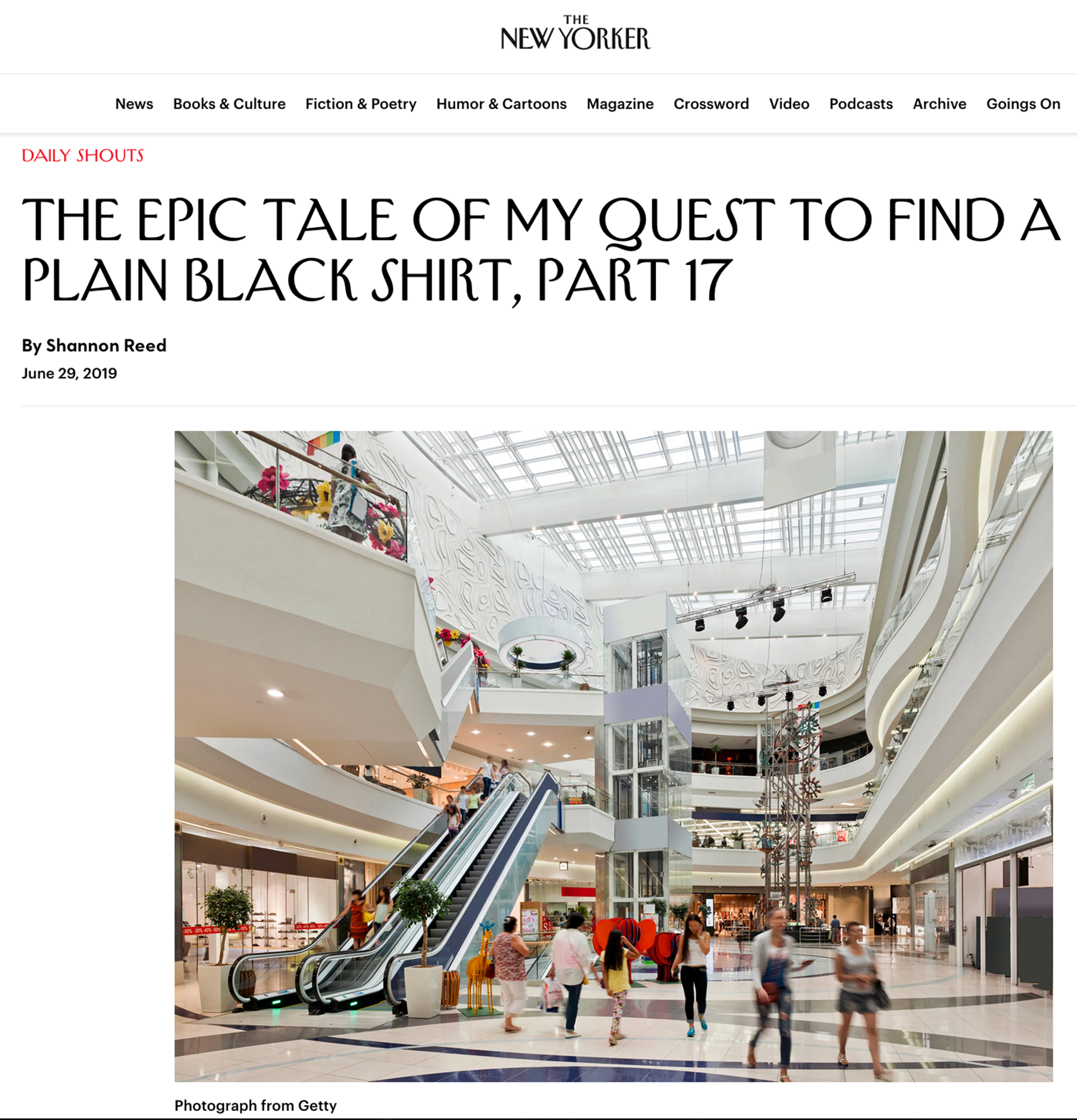 screenshot of the article The Epic Tale of My Quest to Find a Plain Black Shirt, Part 17 published on the New Yorker website