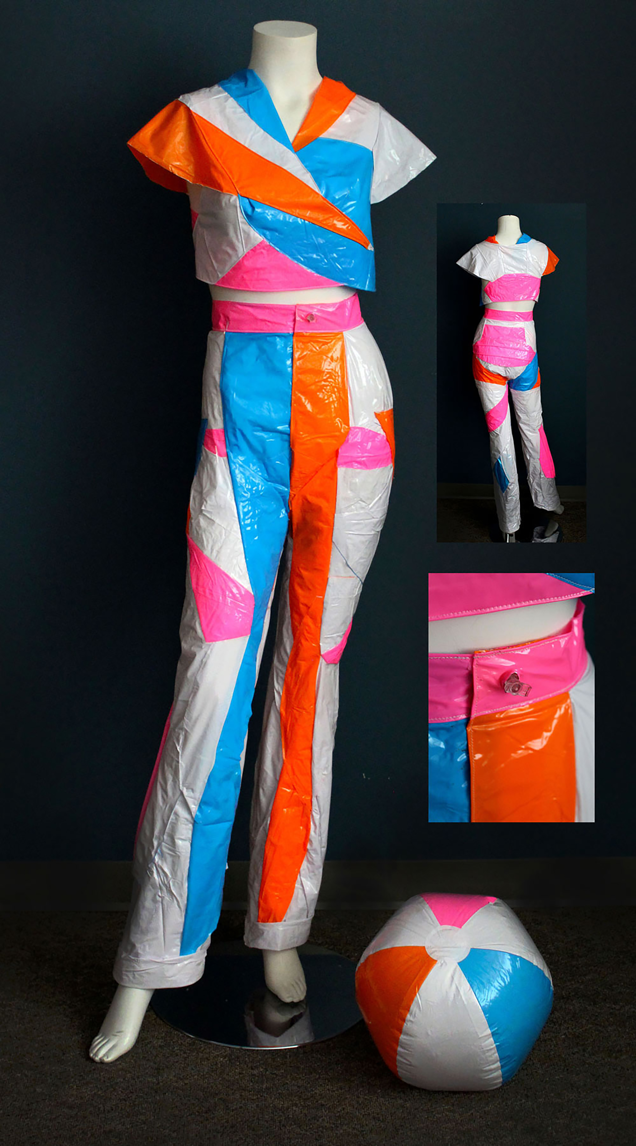 A pantsuit made out of color strips of beach balls