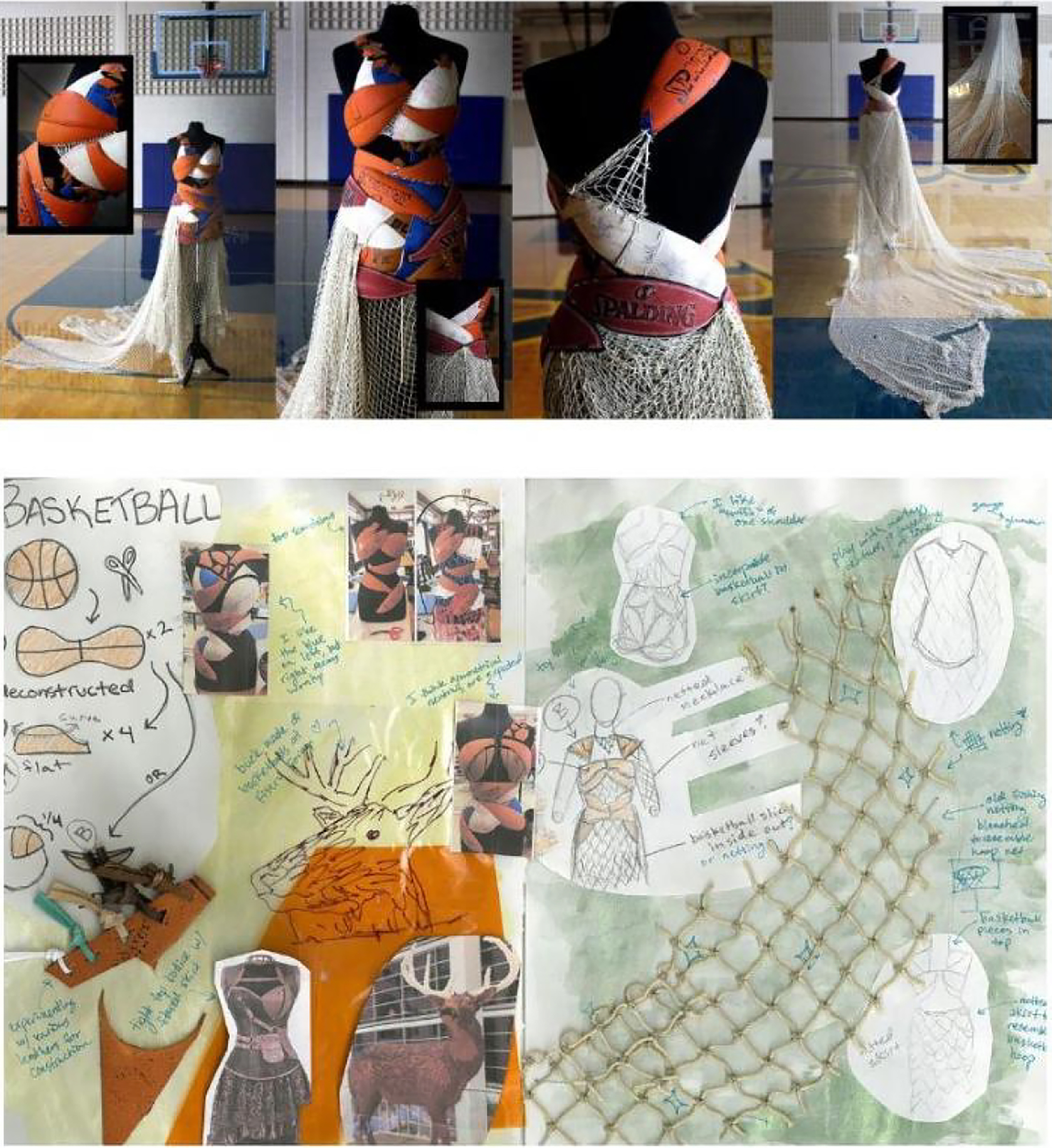 Detail of notebook sketches showing how the basketball dress was created