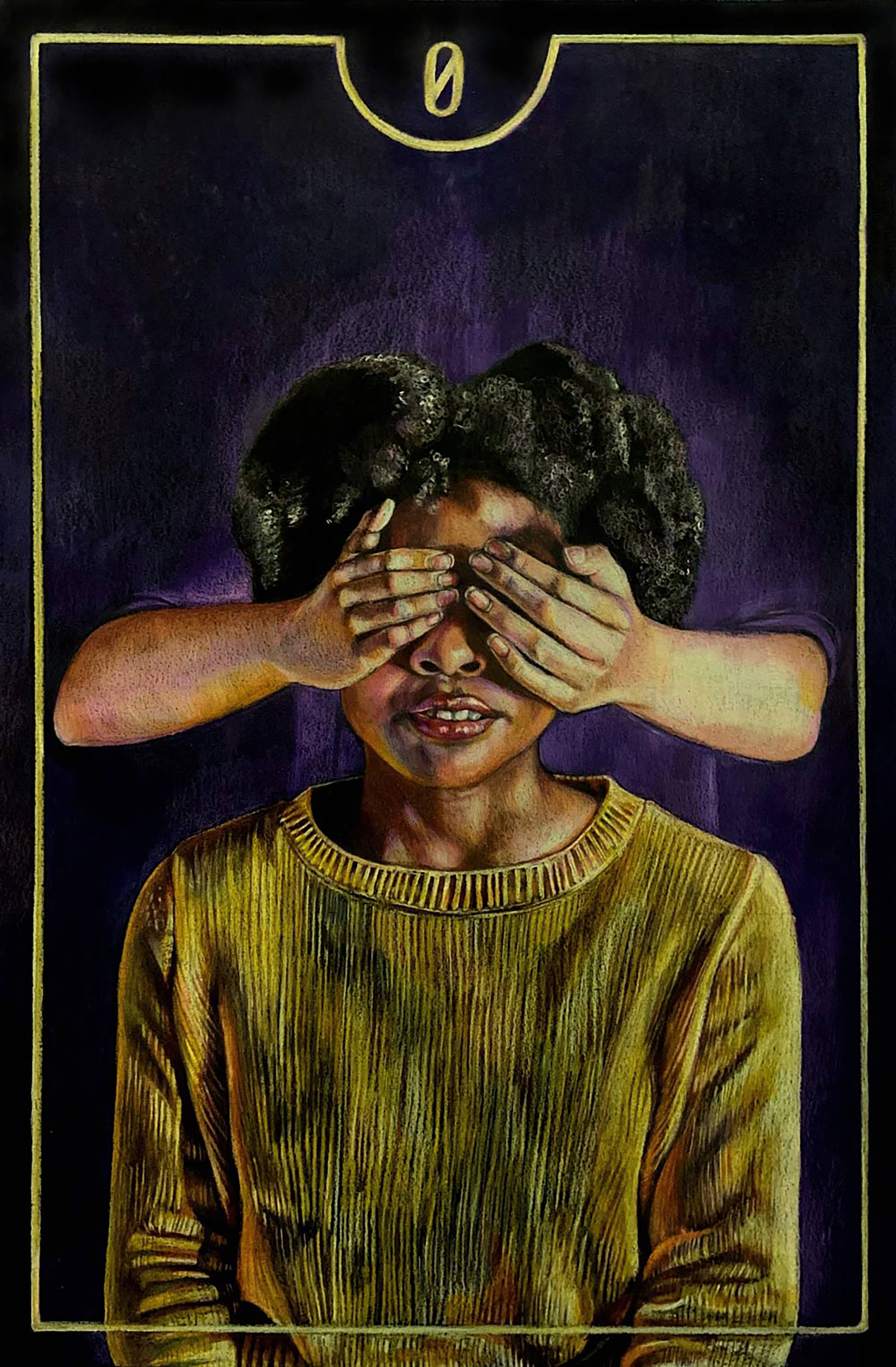 Painting of a black girl in a yellow sweater with her eyes covered by a pair of hands coming up from behind her