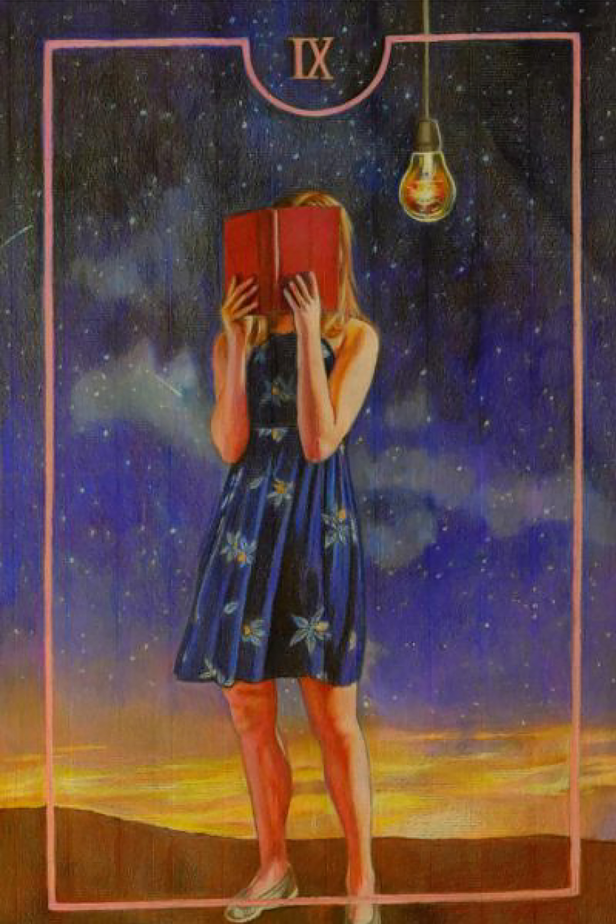 Painting of a white girl in a dress reading a book, which covers her face, in front of a purple dusk sky full of stars