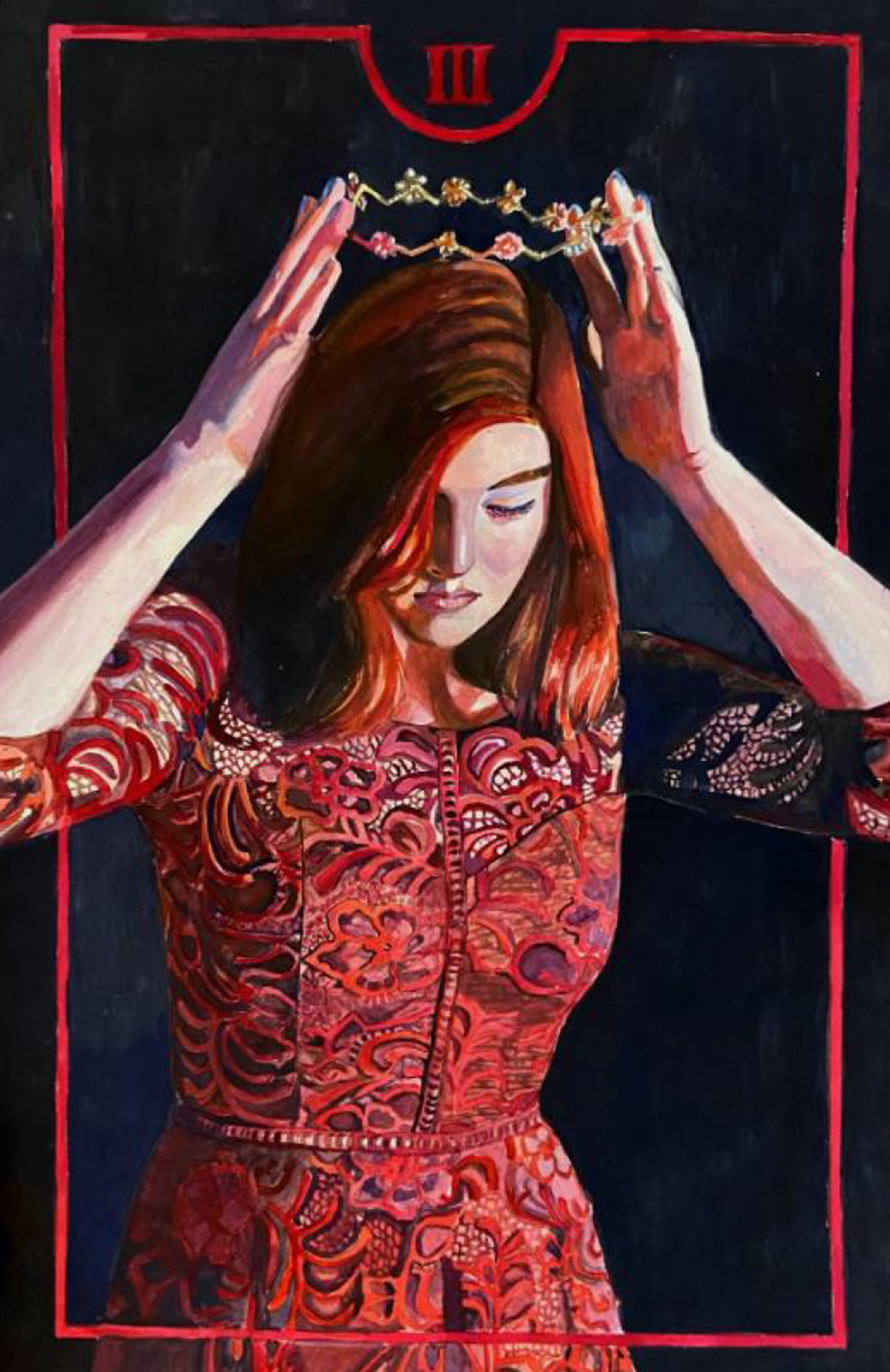 Painting of a white girl with red hair in a red dress placing a crown on her head