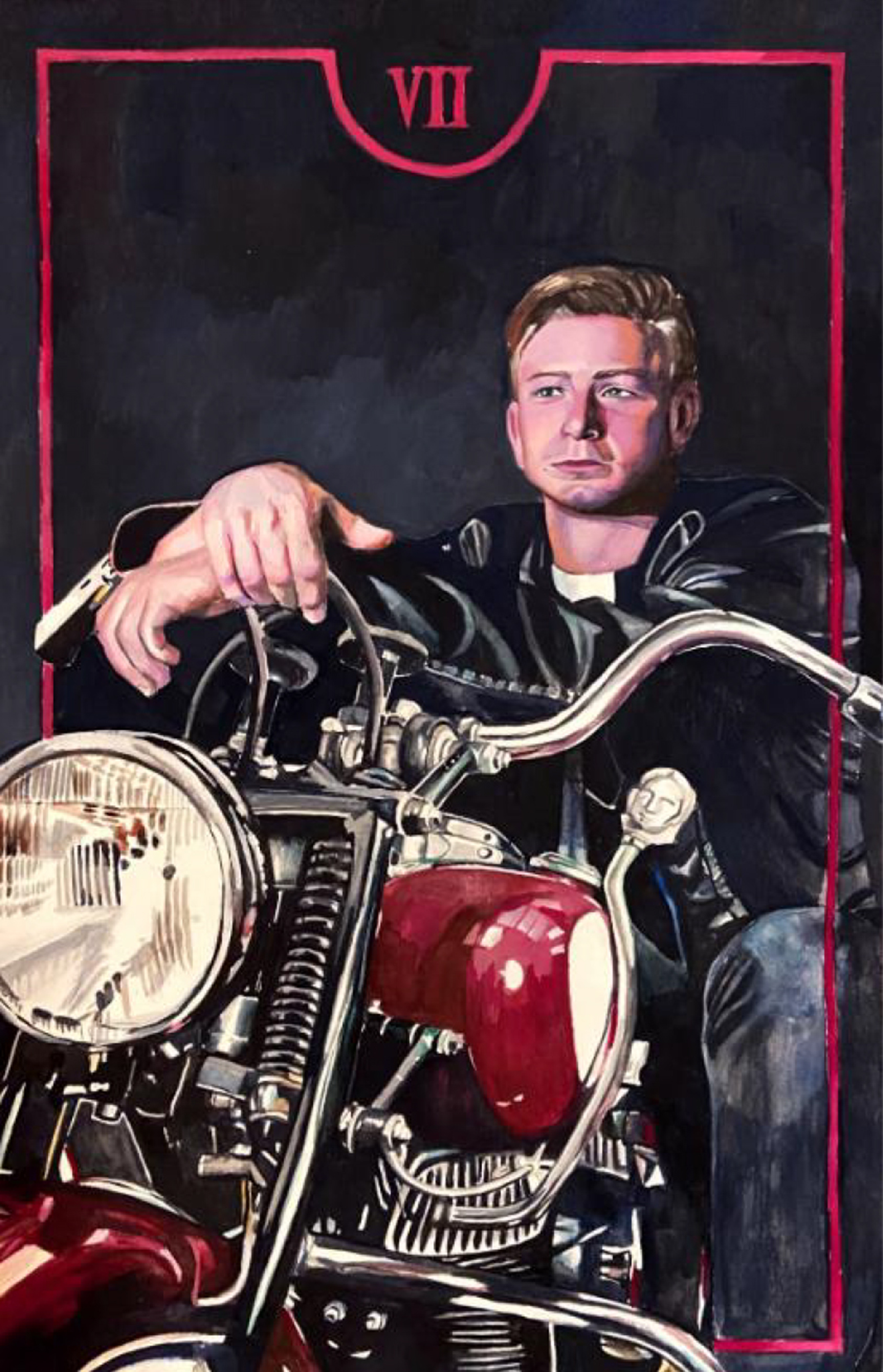 Painting of a young white man in a leather jacket sitting on a motorcycle