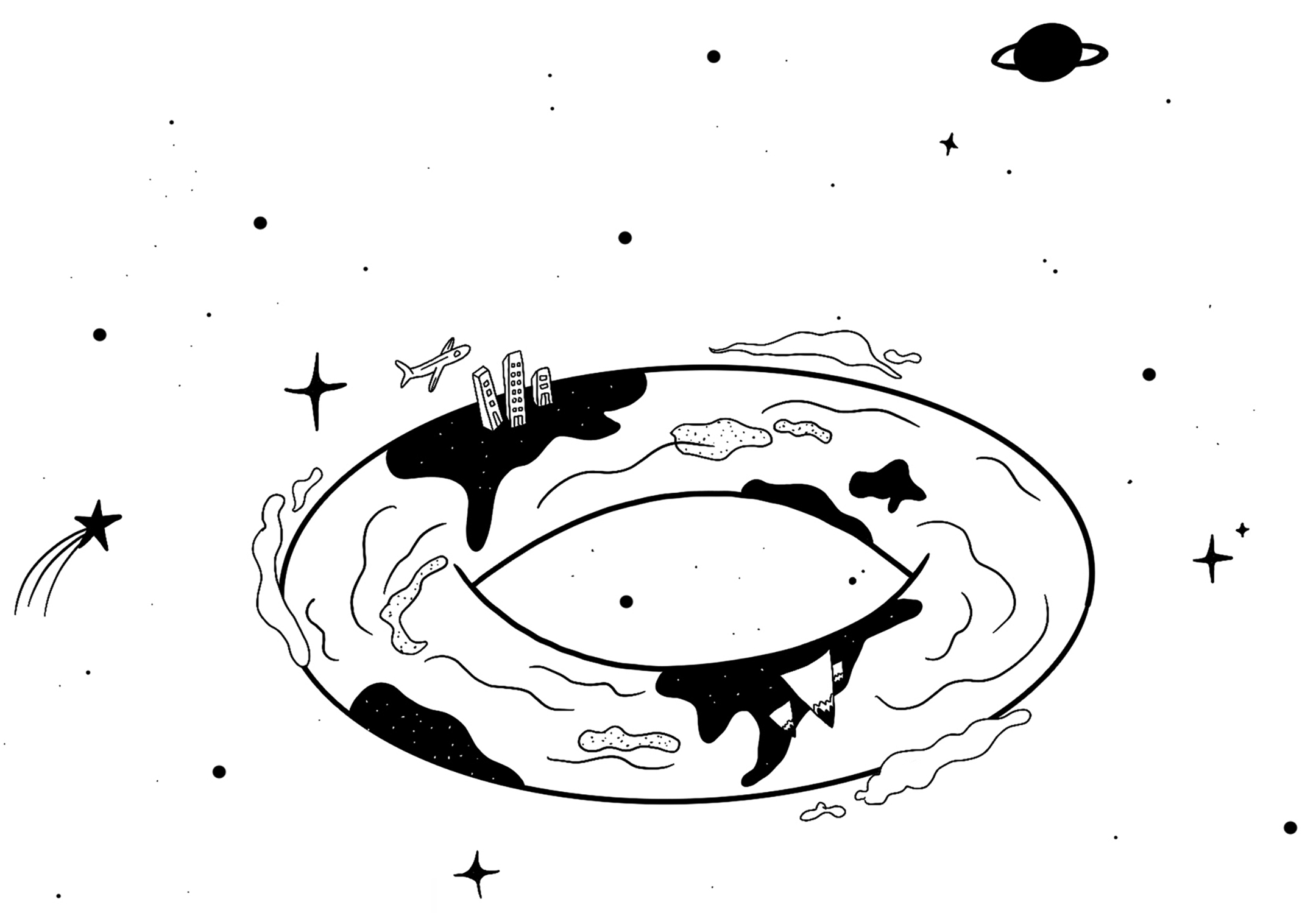 Black and white illustration of a donut-shaped earth