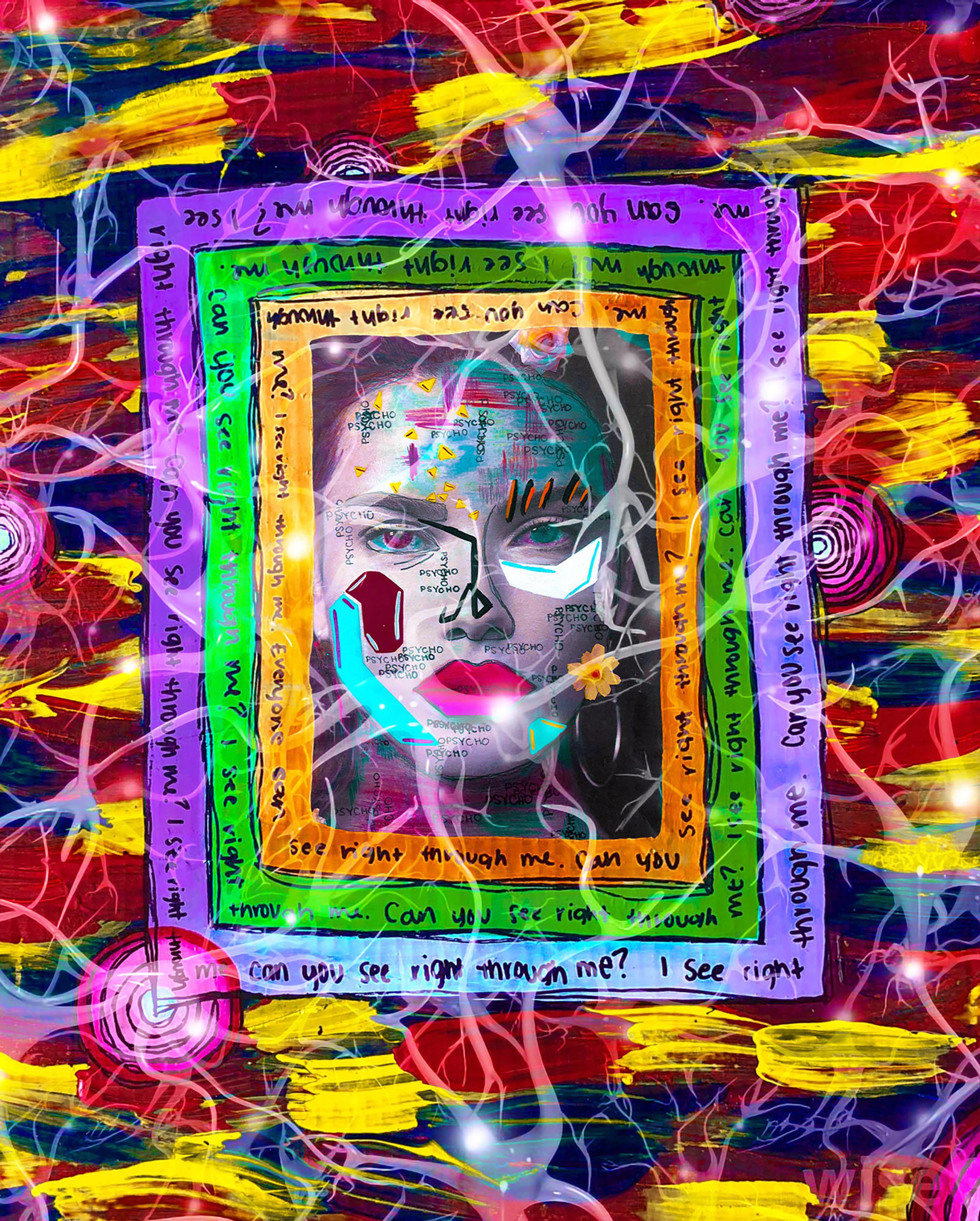 Image of a young woman's face at the center of a square, the imaged bordered by three square frames in yellow, green, and purple, with a swirl of colors filling out the square