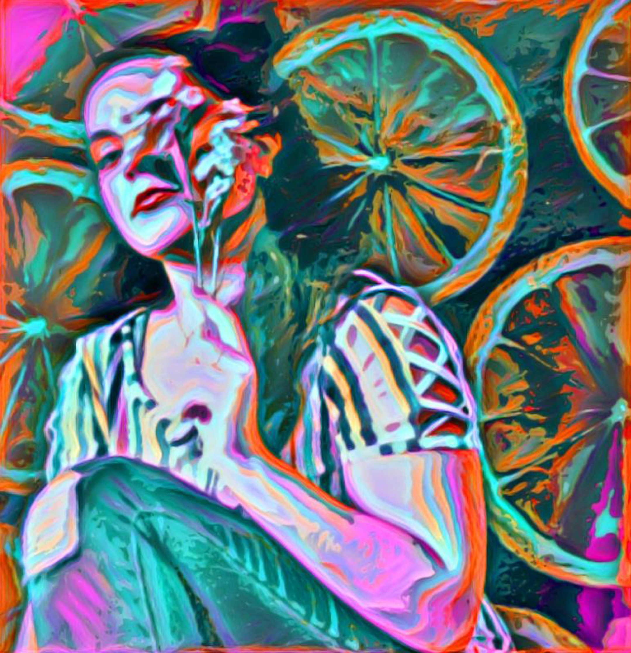 Image of a young woman, crouching on the left, painted in blues, greens, and purples, against a stylized background of orange slices in green and purple