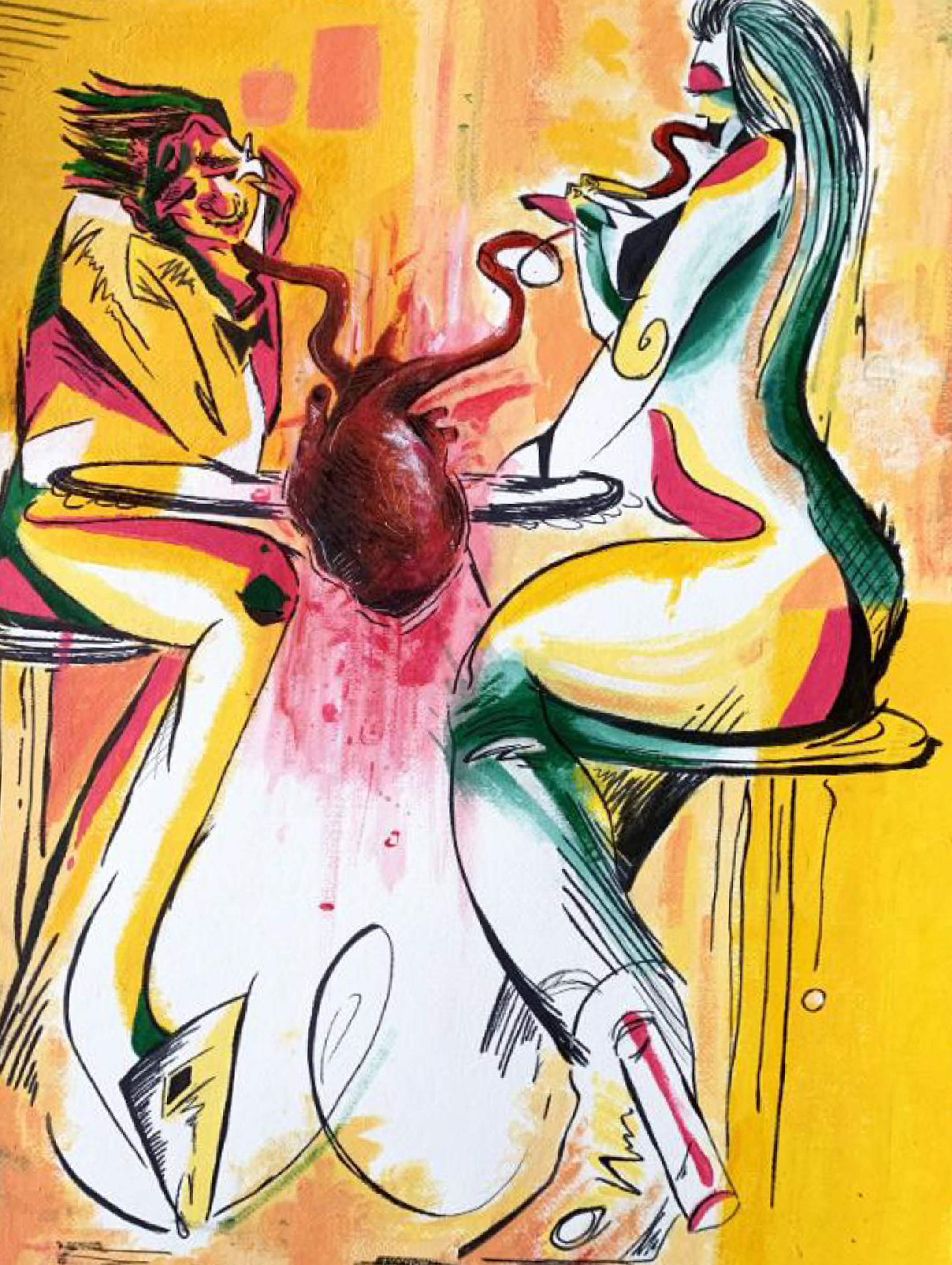 Stylized illustration of a man and a woman sitting at a table sipping from the arteries of a human heart