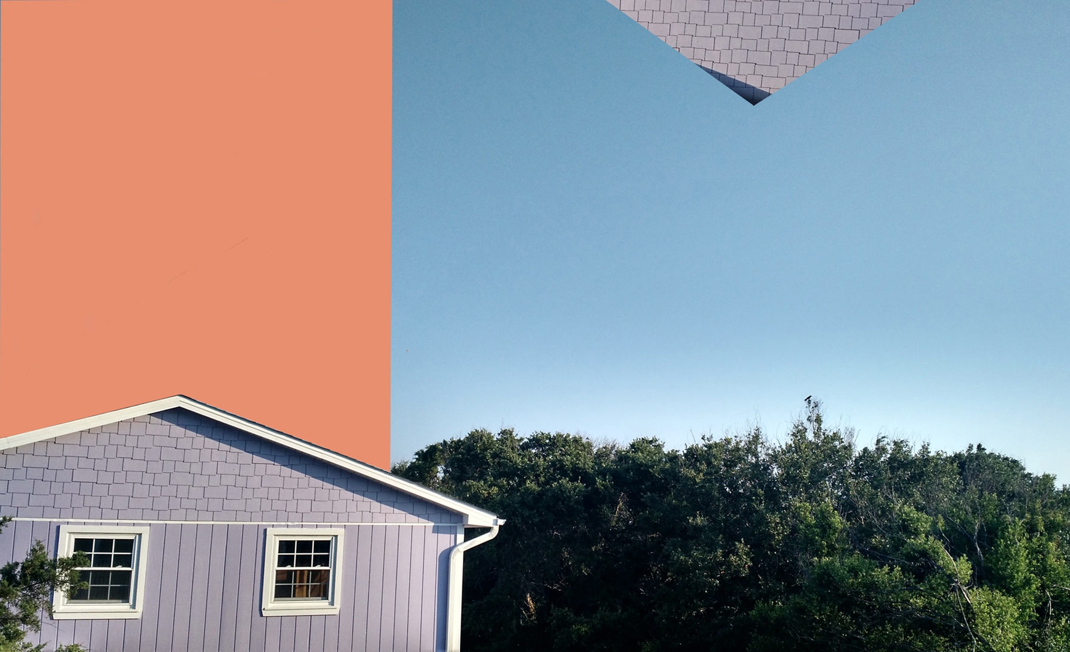 Photo illustration of a house on the left against a peach background and a photo of the tops of trees on the right with the tip of a roof poking down from the top of the image