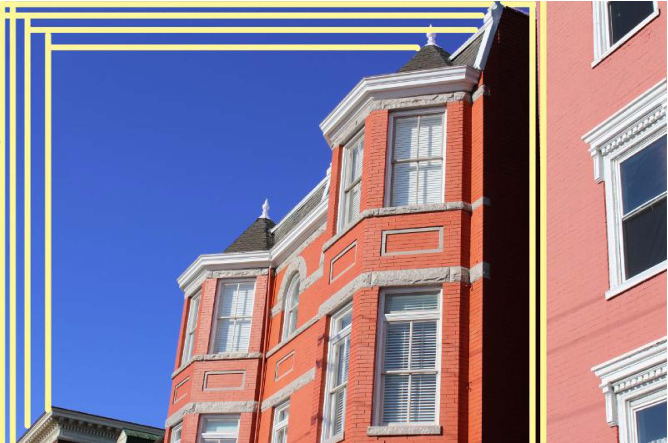Photo illustration of a red brick home against a blue sky, seen from the ground looking up, with yellow lines bordering the left side of the frame