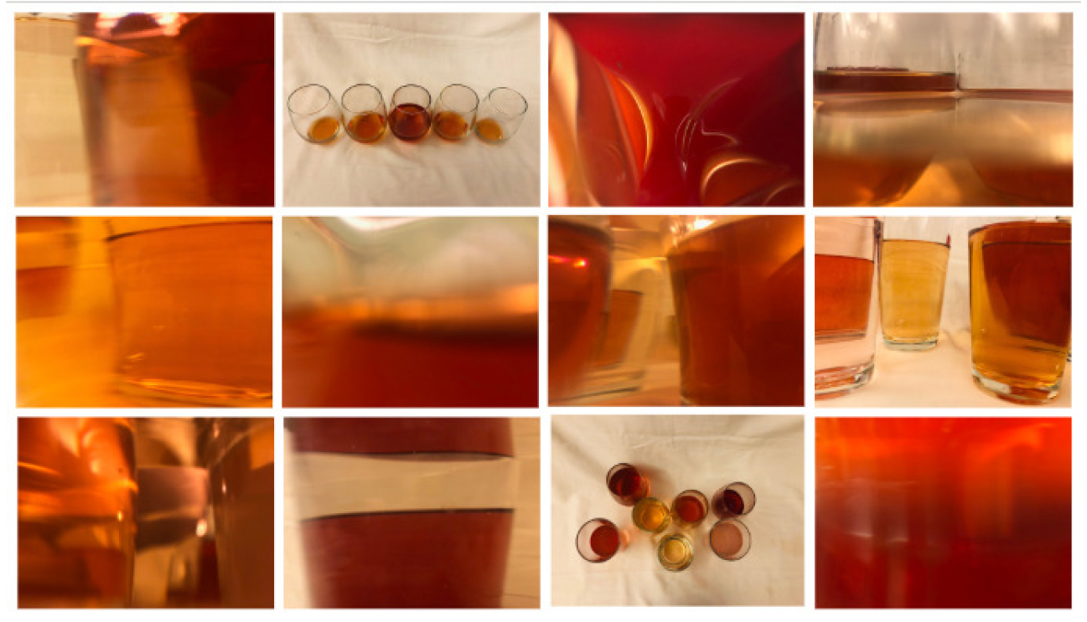 Grid of 12 photographs, four by three, of objects taken in closeup in amber light