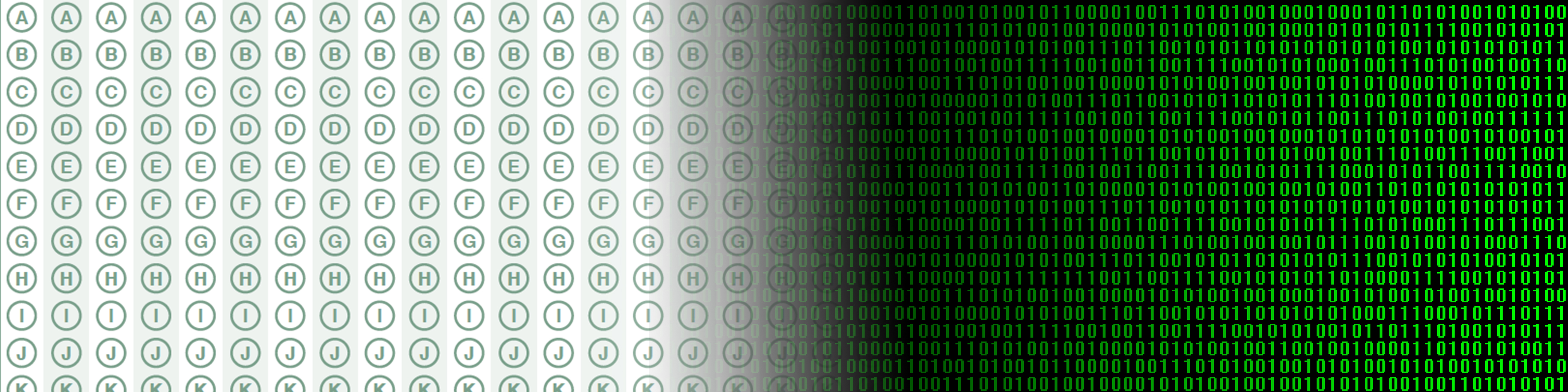 An illustration showing a bubble sheet, on the left, melting into lines of green computer code on the right