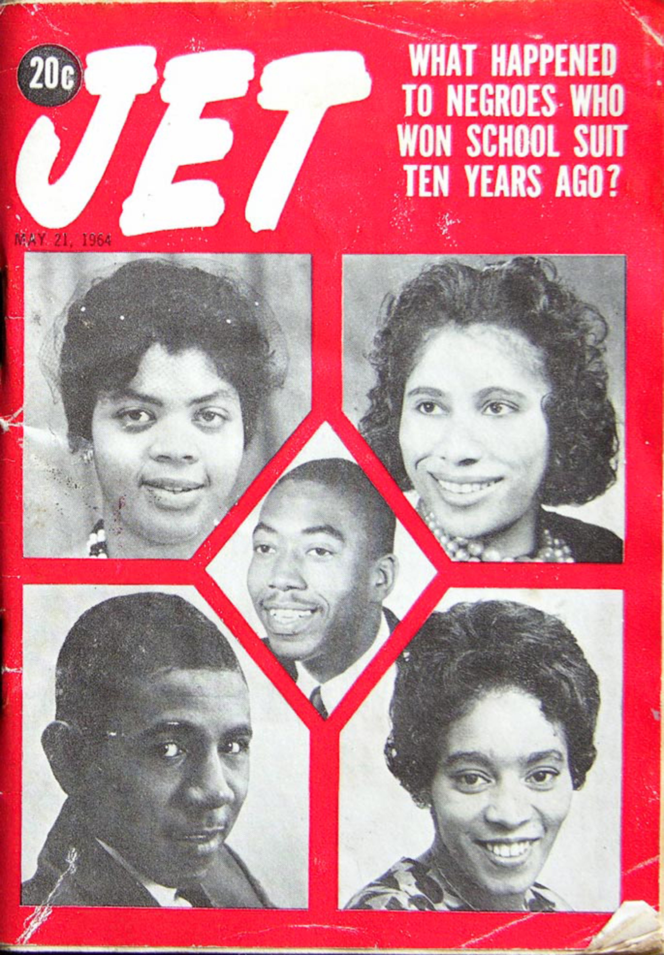 Cover of jet magazine, with headshot photos of five black students set against a red background
