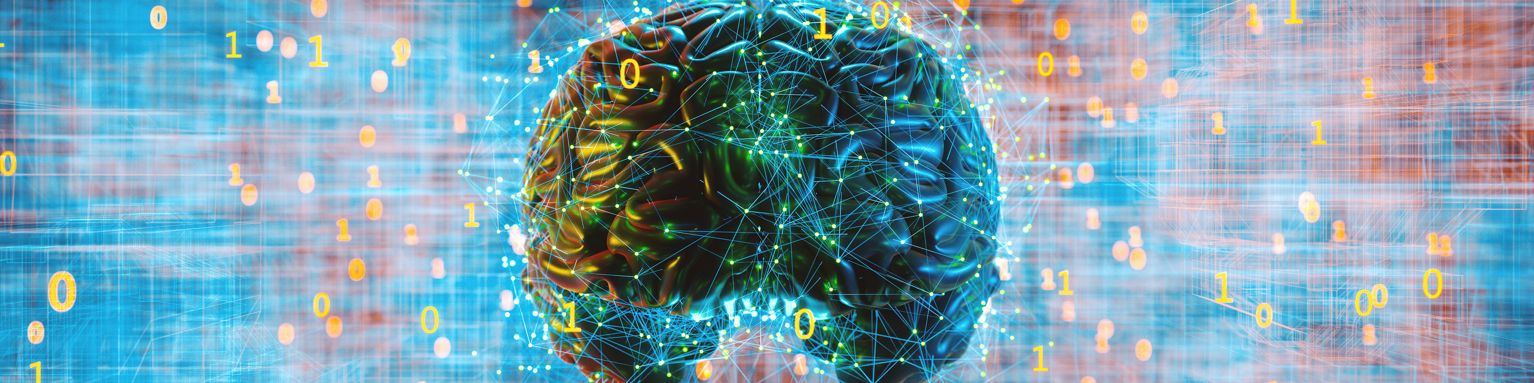 A digital reproduction of a brain surrounded by a network of representations of digital information, like 1s and 0s