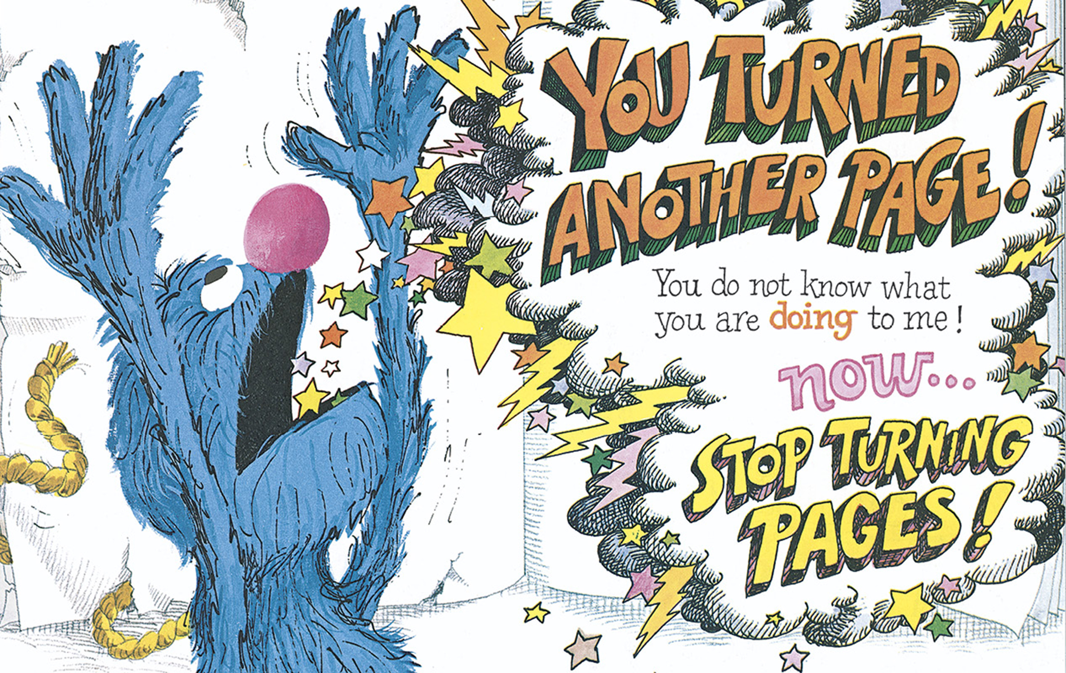 A page from the book the monster at the end of this book showing grover screaming in exasperation