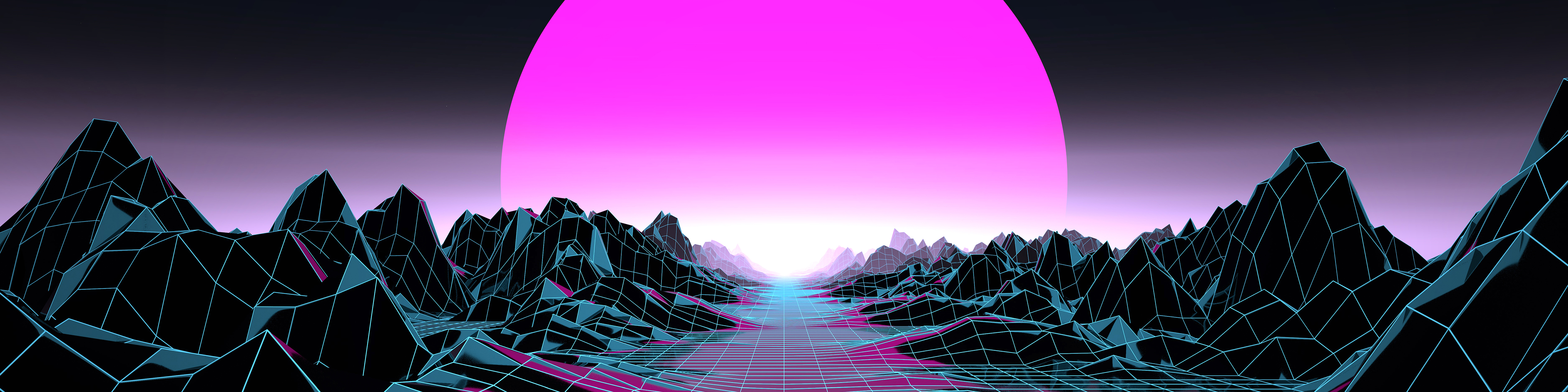 Digital graphic of a mountainous planet with a magenta sun looming in the background 
