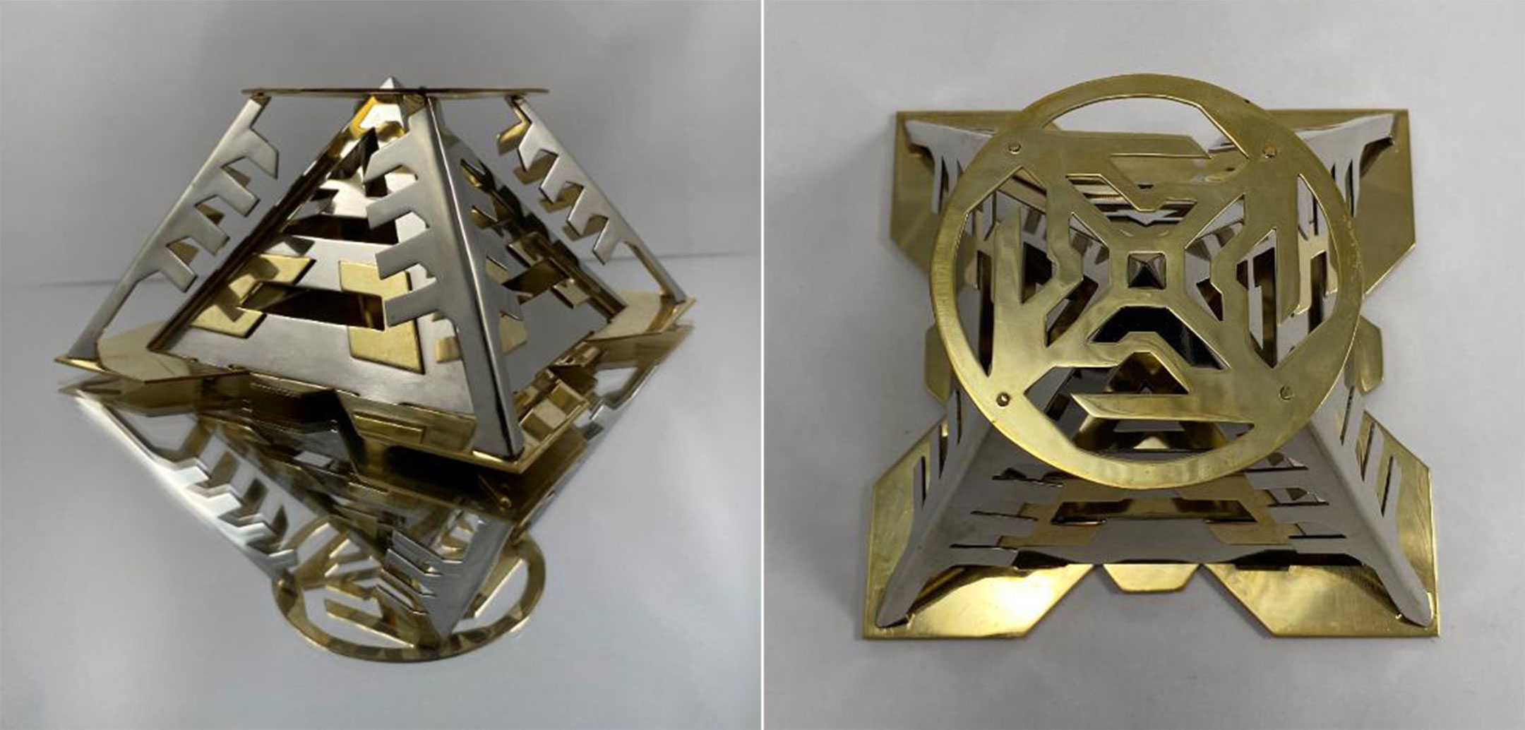 Two photographs of a metal sculpture in the shape of a pyramid, with the image on the left showing the sculpture from the side and the image on the right showing it from overhead