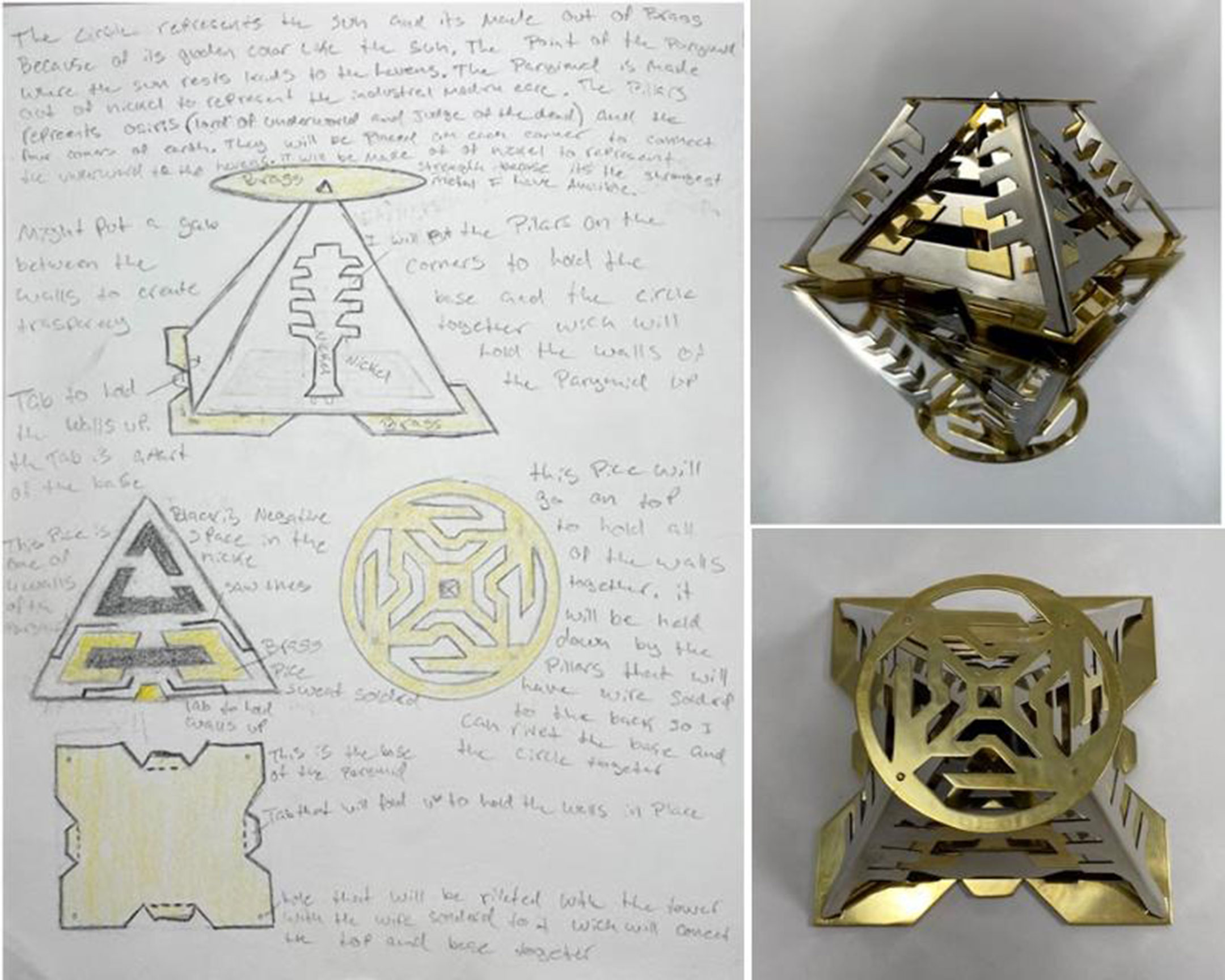 Pyramid sculpture photos, now stacked, with a diagram of it to the left