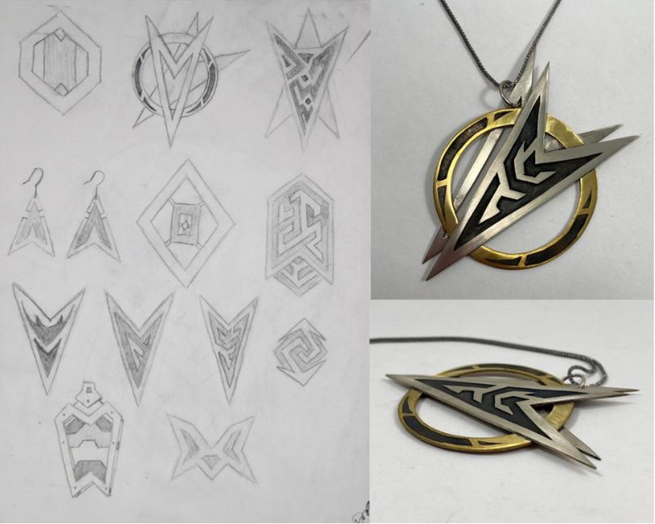 Two photographs, stacked, showing a metal necklace with an arrowhead-like shape placed above a circle, with a diagram of the necklace to the left