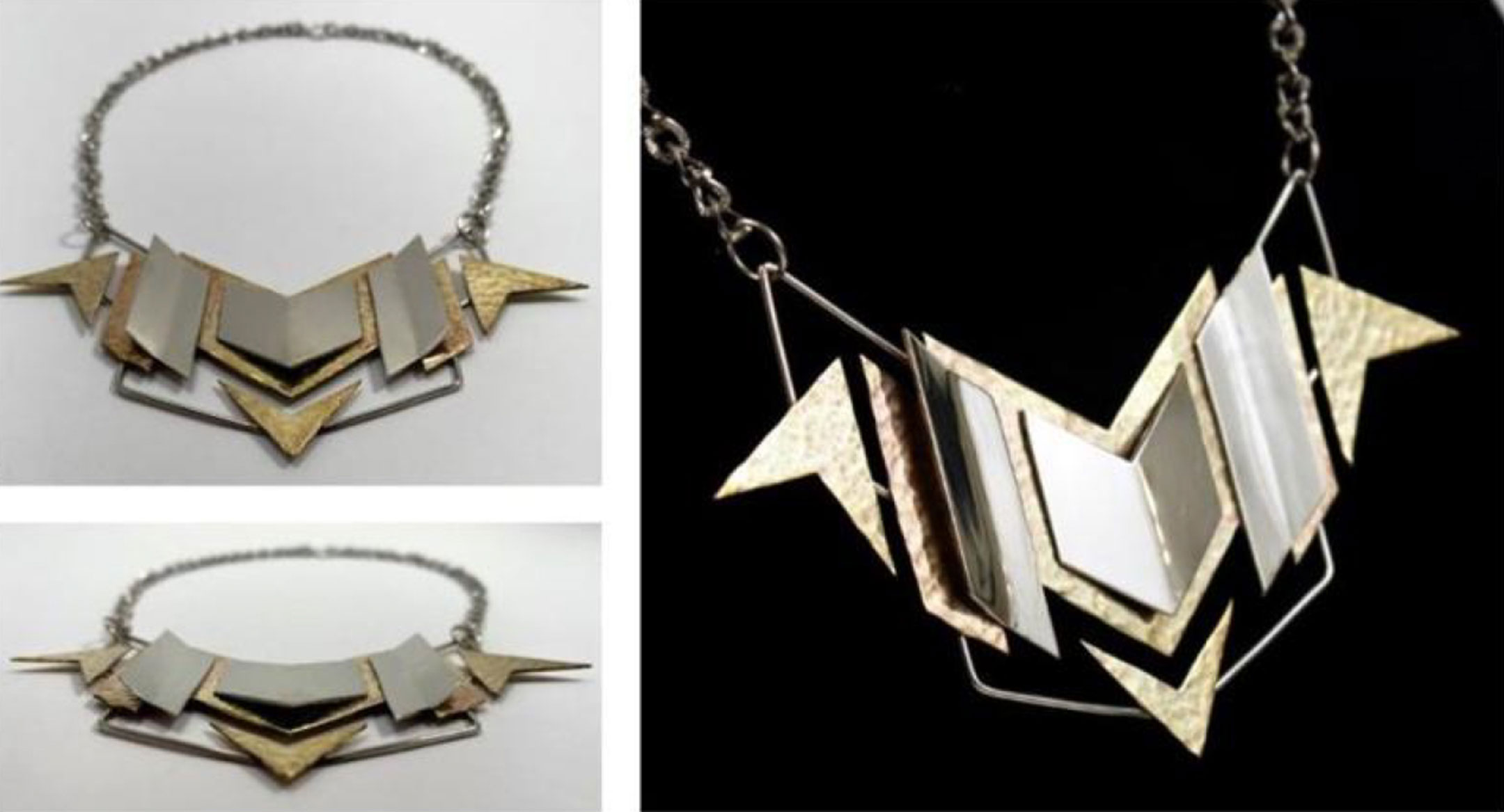 Three photos showing a bat-like metal necklace
